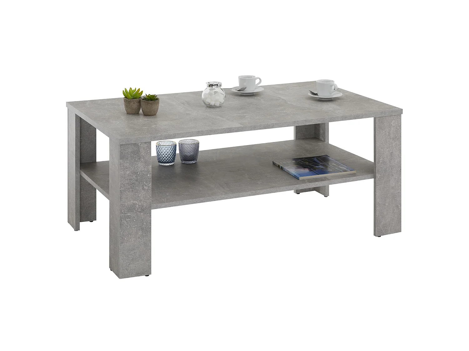 Table basse LORIENT, table de salon rectangulaire avec 1 étagère espace de rangement ouvert, en mélaminé décor béton