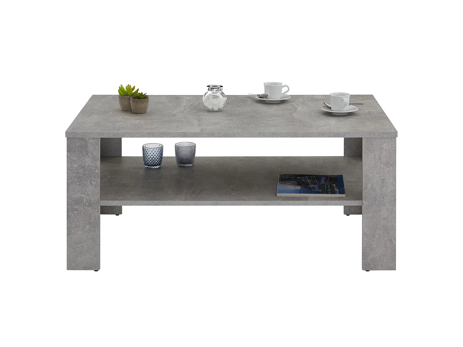 Table basse LORIENT, table de salon rectangulaire avec 1 étagère espace de rangement ouvert, en mélaminé décor béton