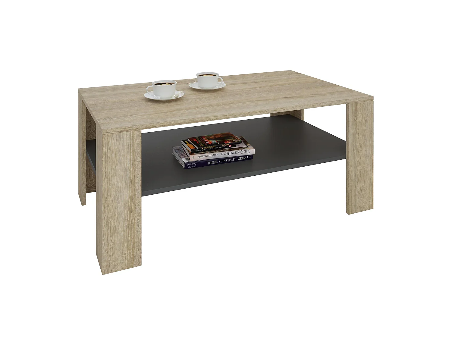 Table basse LORIENT, table de salon rectangulaire avec 1 étagère espace de rangement ouvert, en mélaminé décor chêne sonoma et gris