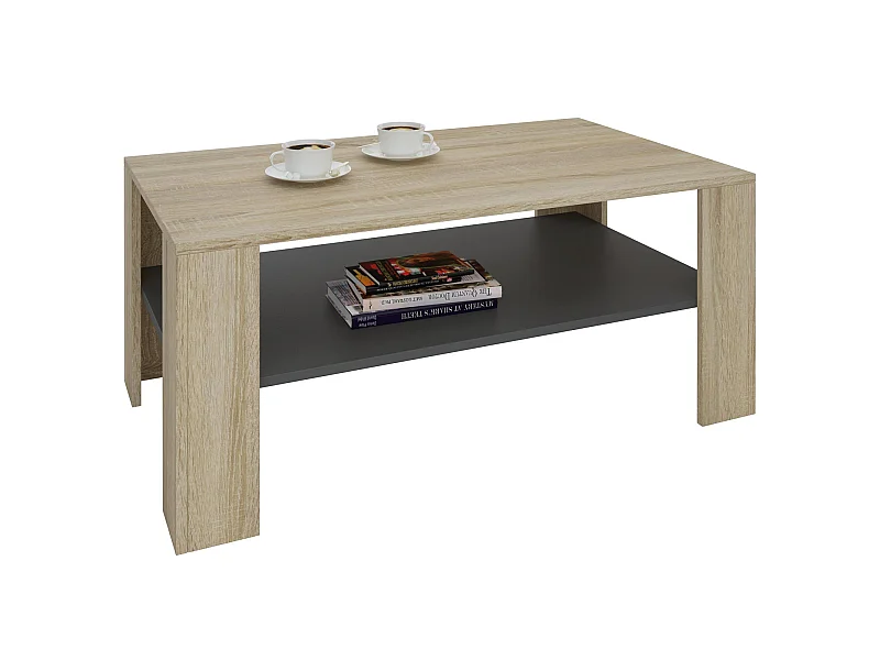 Table basse LORIENT, table de salon rectangulaire avec 1 étagère espace de rangement ouvert, en mélaminé décor chêne sonoma et gris