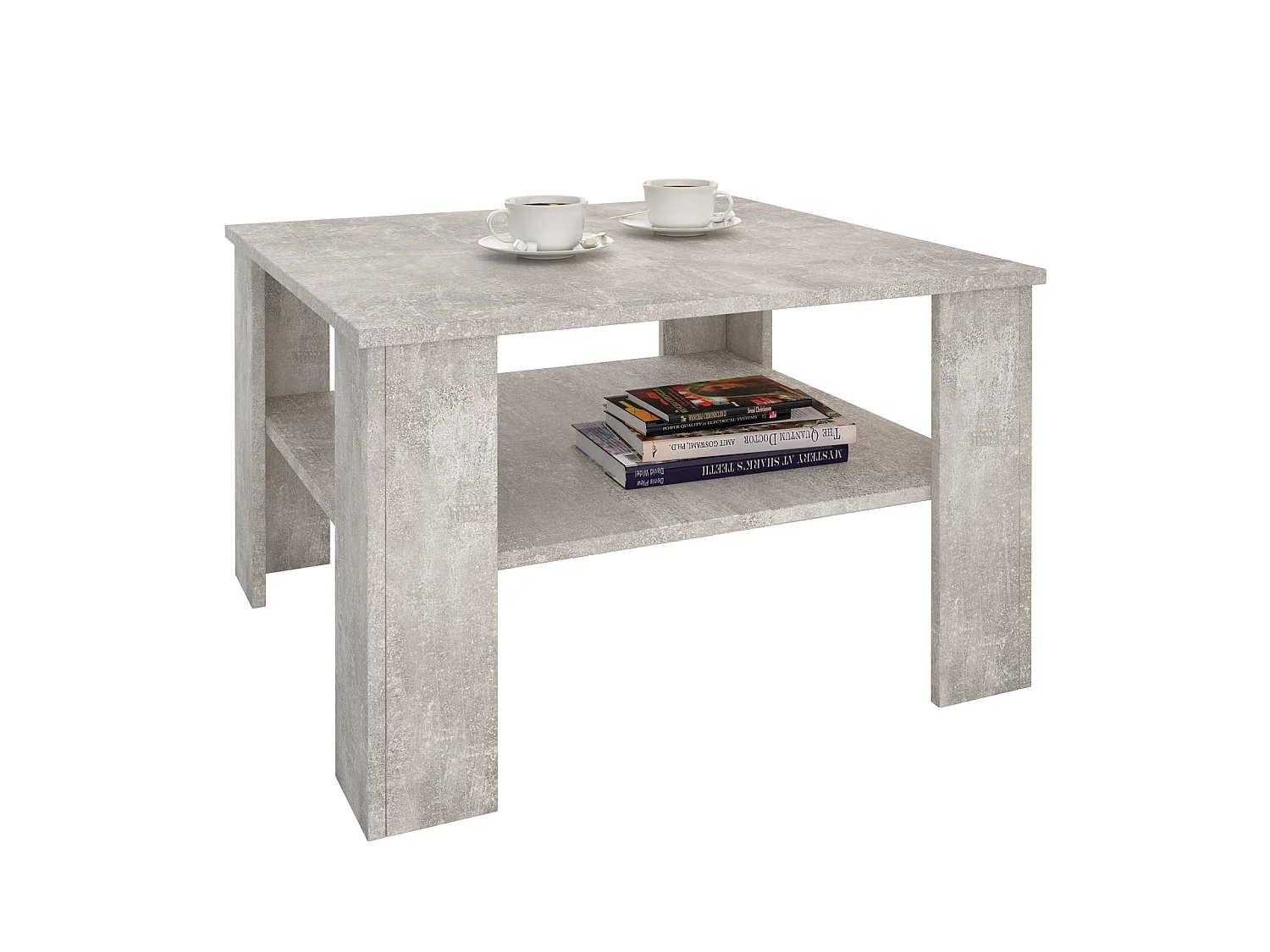 Table basse SEJOUR, table de salon de forme carrée avec 1 étagère espace de rangement ouvert, en mélaminé décor béton