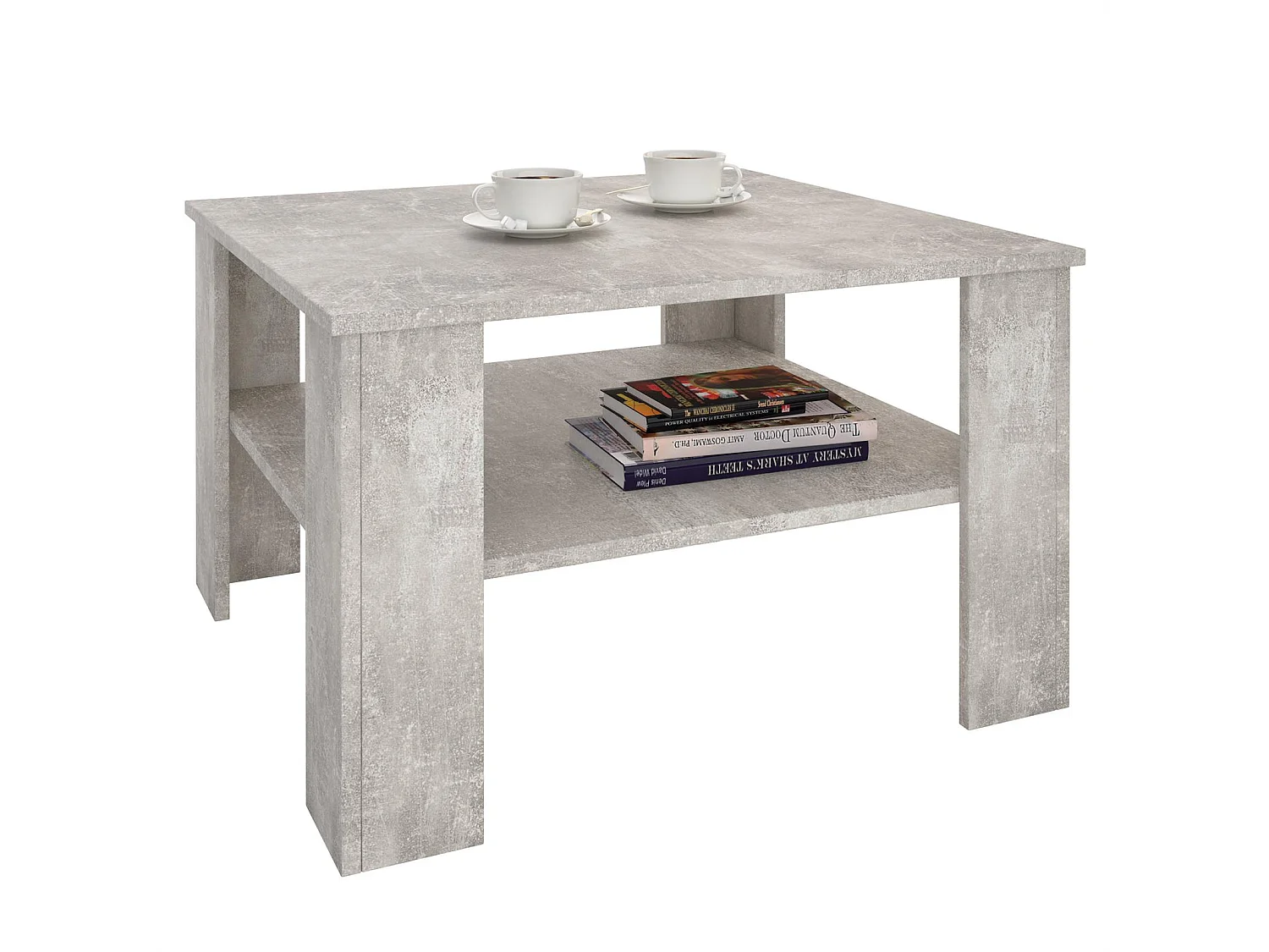 Table basse SEJOUR, table de salon de forme carrée avec 1 étagère espace de rangement ouvert, en mélaminé décor béton