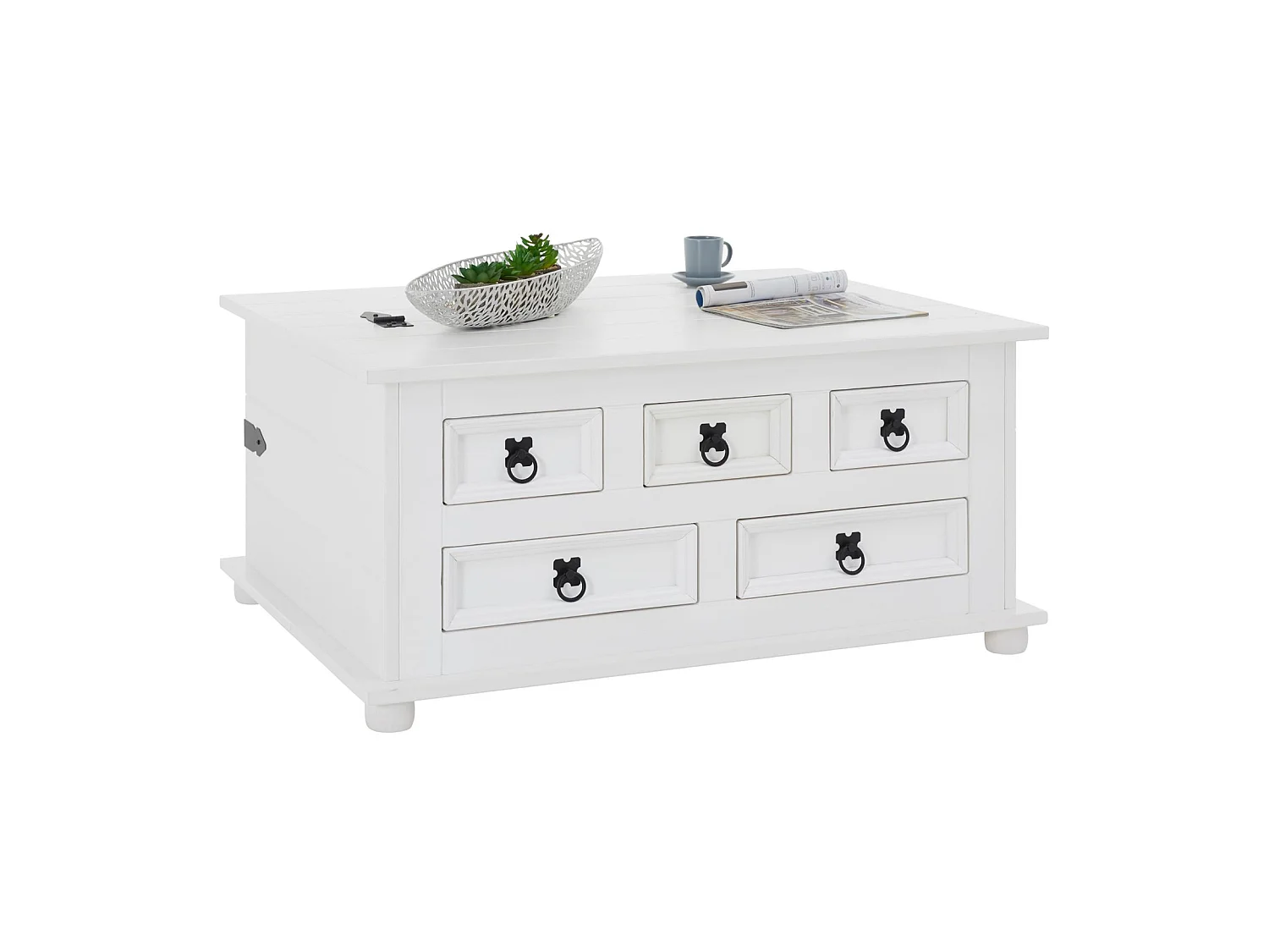 Table basse de salon TEQUILA coffre malle de rangement rectangulaire en bois style mexicain avec 5 tiroirs pin massif lasuré blanc