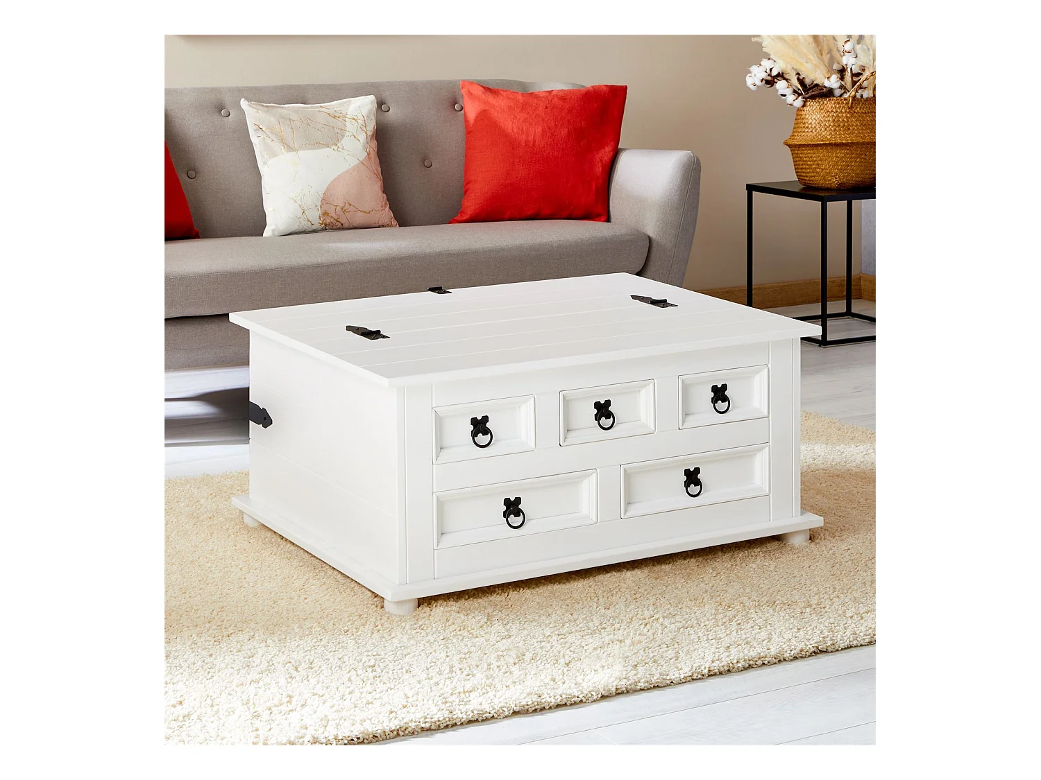 Table basse de salon TEQUILA coffre malle de rangement rectangulaire en bois style mexicain avec 5 tiroirs pin massif lasuré blanc