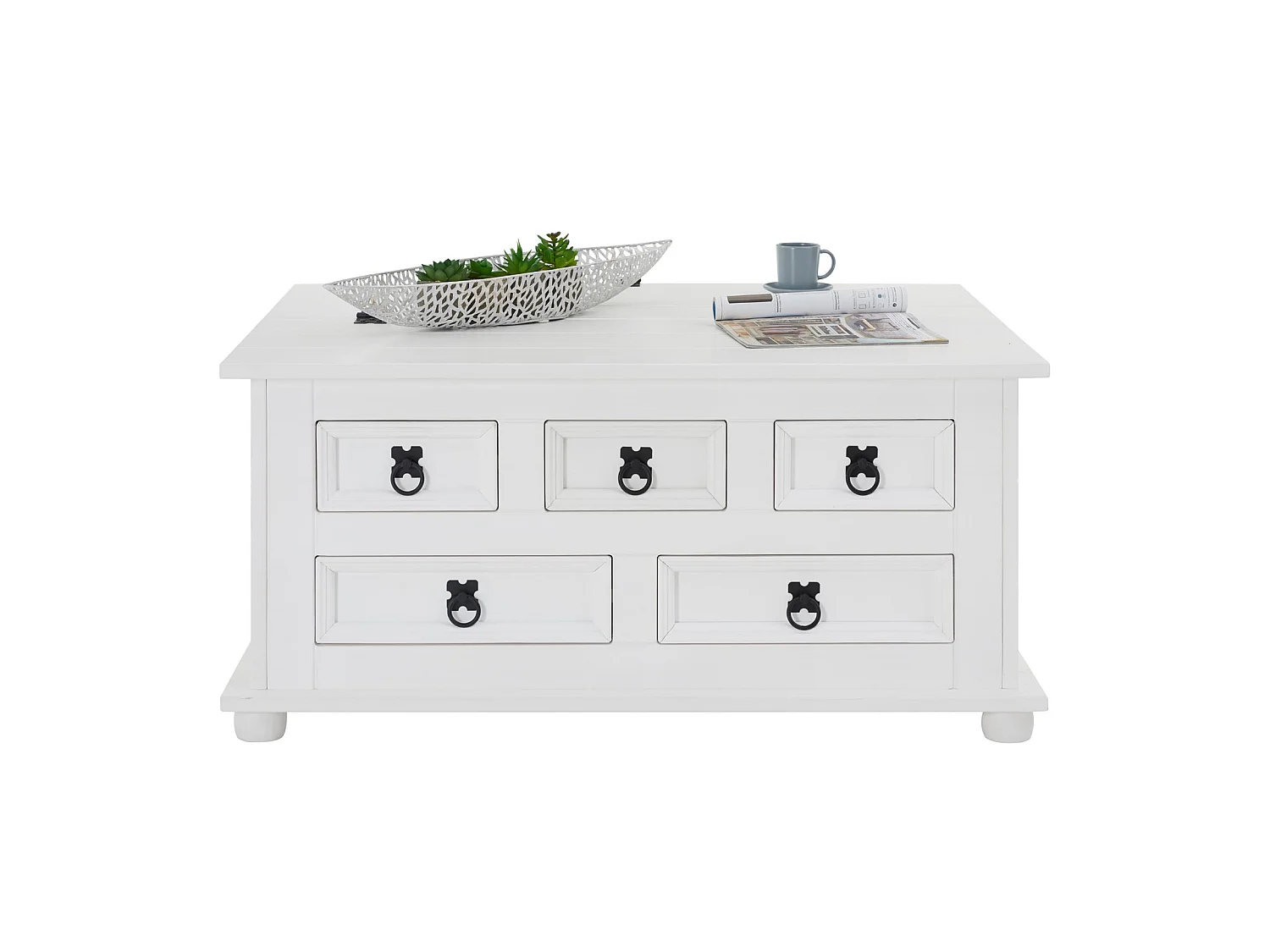 Table basse de salon TEQUILA coffre malle de rangement rectangulaire en bois style mexicain avec 5 tiroirs pin massif lasuré blanc