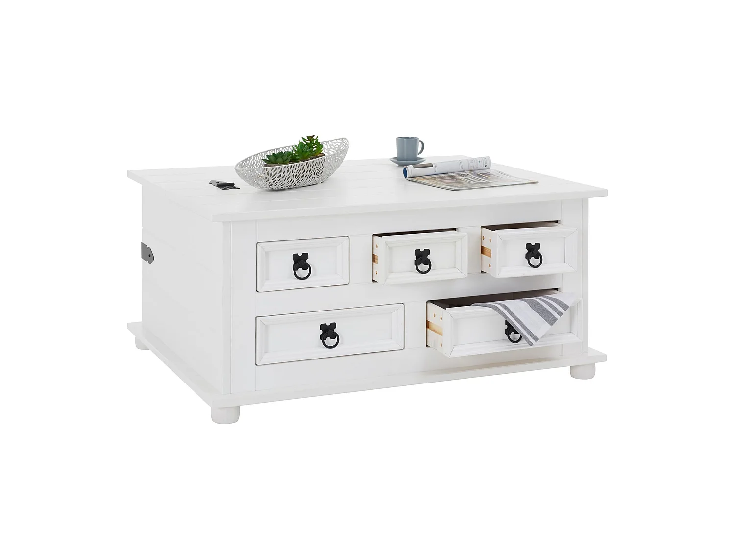 Table basse de salon TEQUILA coffre malle de rangement rectangulaire en bois style mexicain avec 5 tiroirs pin massif lasuré blanc