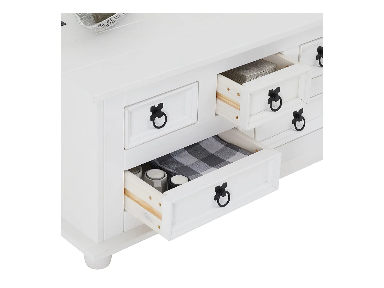 Table basse de salon TEQUILA coffre malle de rangement rectangulaire en bois style mexicain avec 5 tiroirs pin massif lasuré blanc