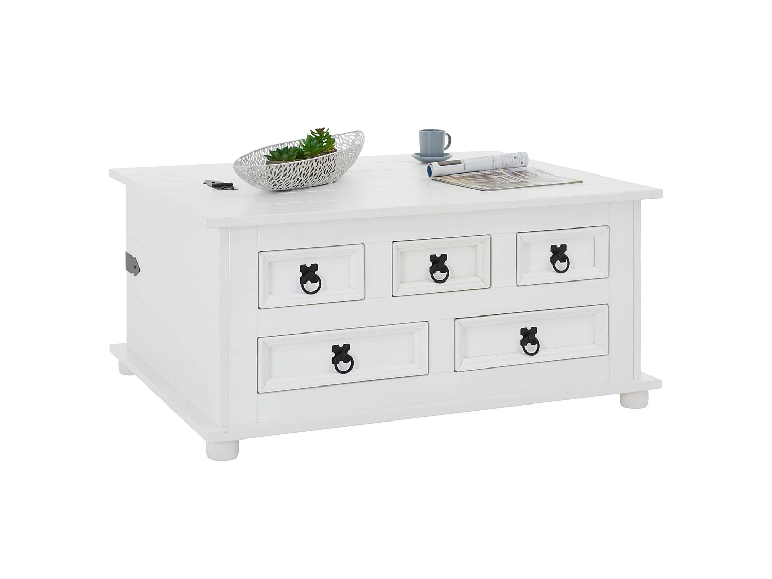 Table basse de salon TEQUILA coffre malle de rangement rectangulaire en bois style mexicain avec 5 tiroirs pin massif lasuré blanc