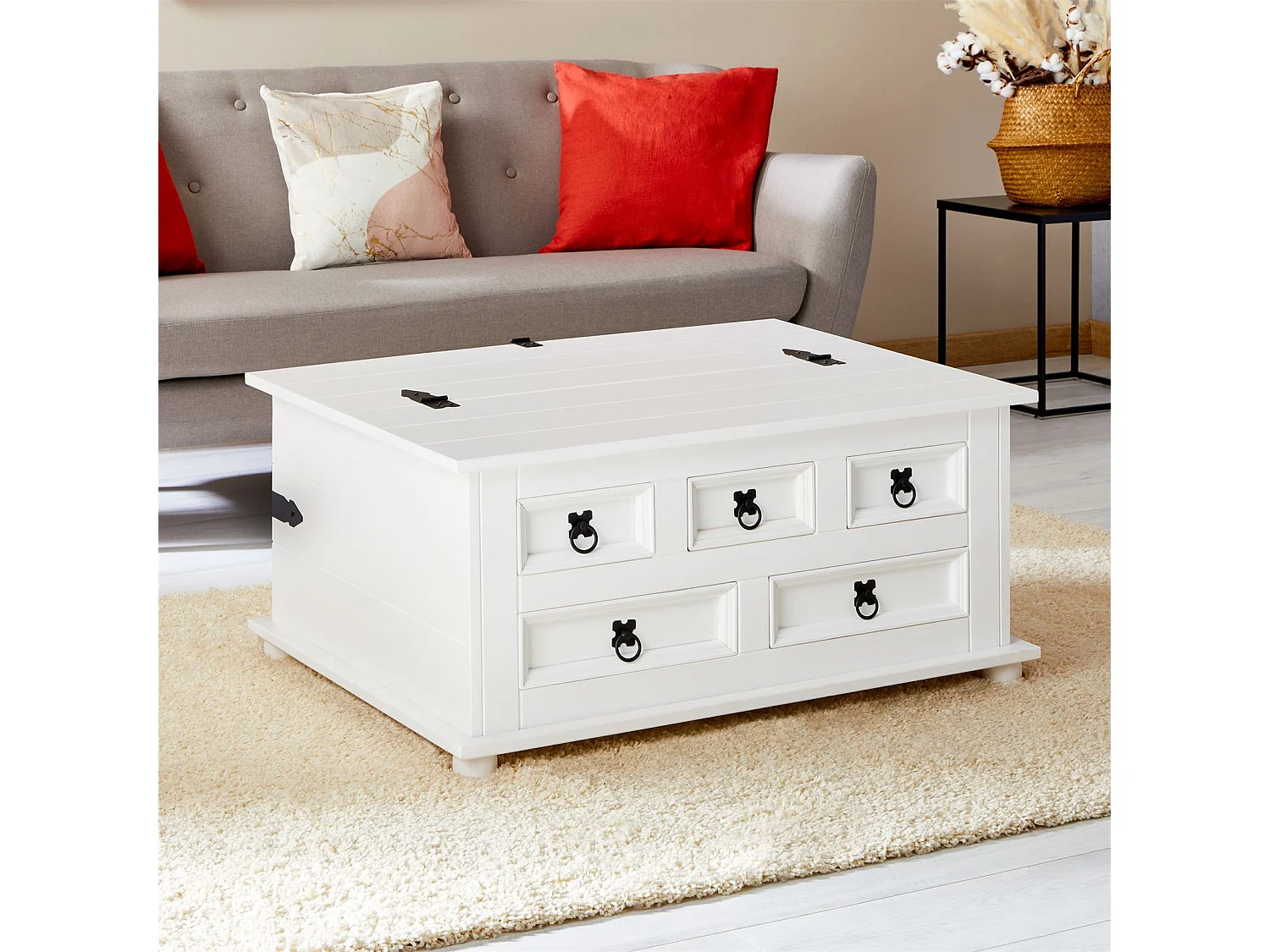 Table basse de salon TEQUILA coffre malle de rangement rectangulaire en bois style mexicain avec 5 tiroirs pin massif lasuré blanc