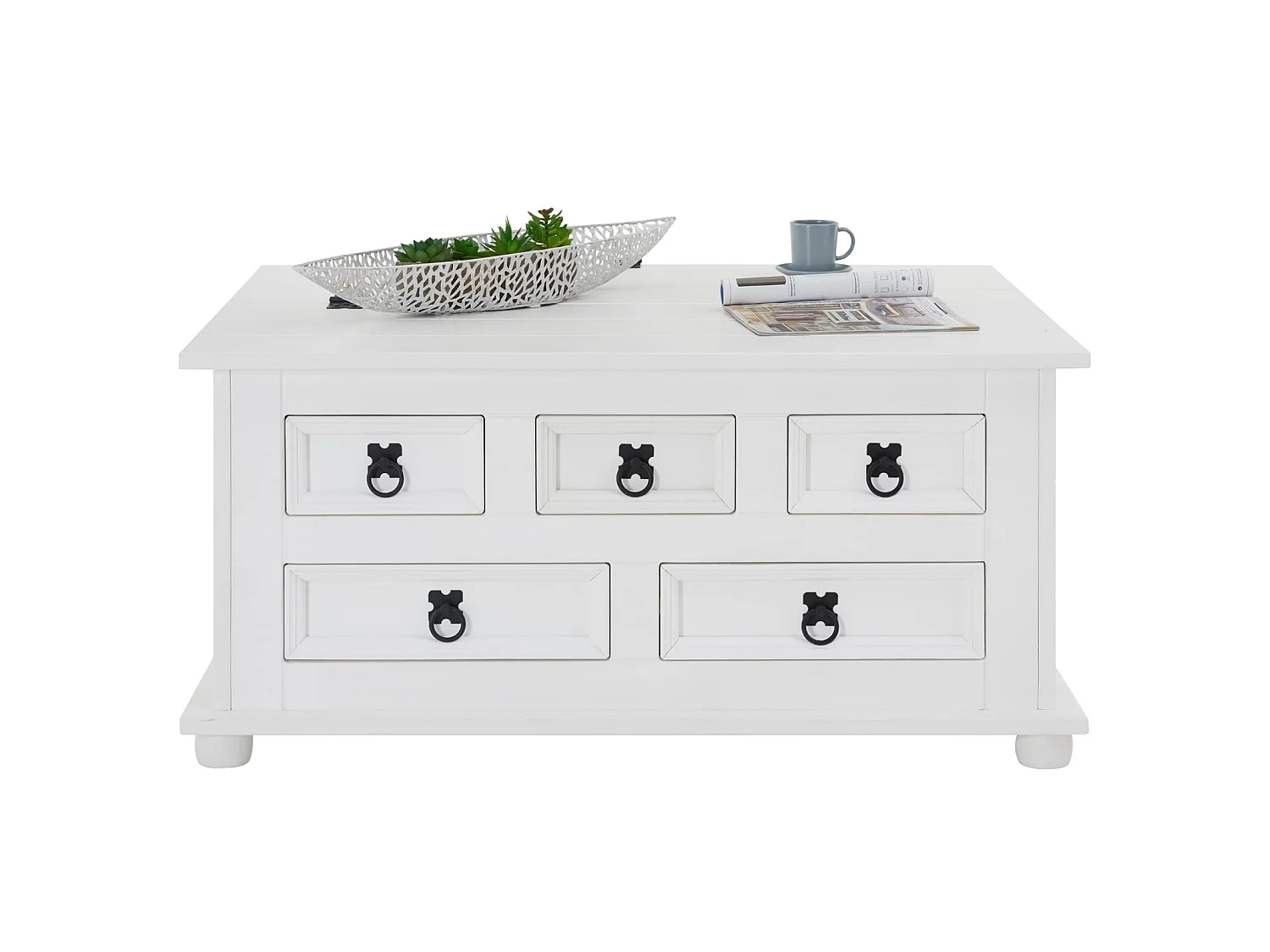 Table basse de salon TEQUILA coffre malle de rangement rectangulaire en bois style mexicain avec 5 tiroirs pin massif lasuré blanc