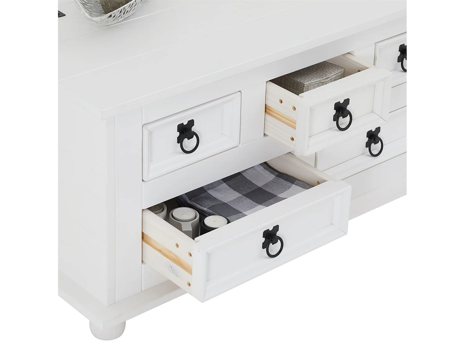 Table basse de salon TEQUILA coffre malle de rangement rectangulaire en bois style mexicain avec 5 tiroirs pin massif lasuré blanc