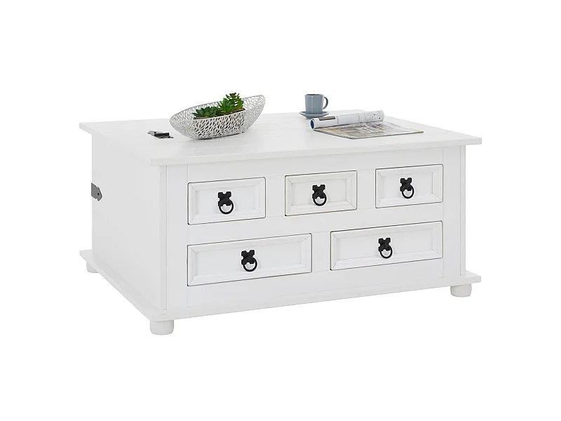 Table basse de salon TEQUILA coffre malle de rangement rectangulaire en bois style mexicain avec 5 tiroirs pin massif lasuré blanc