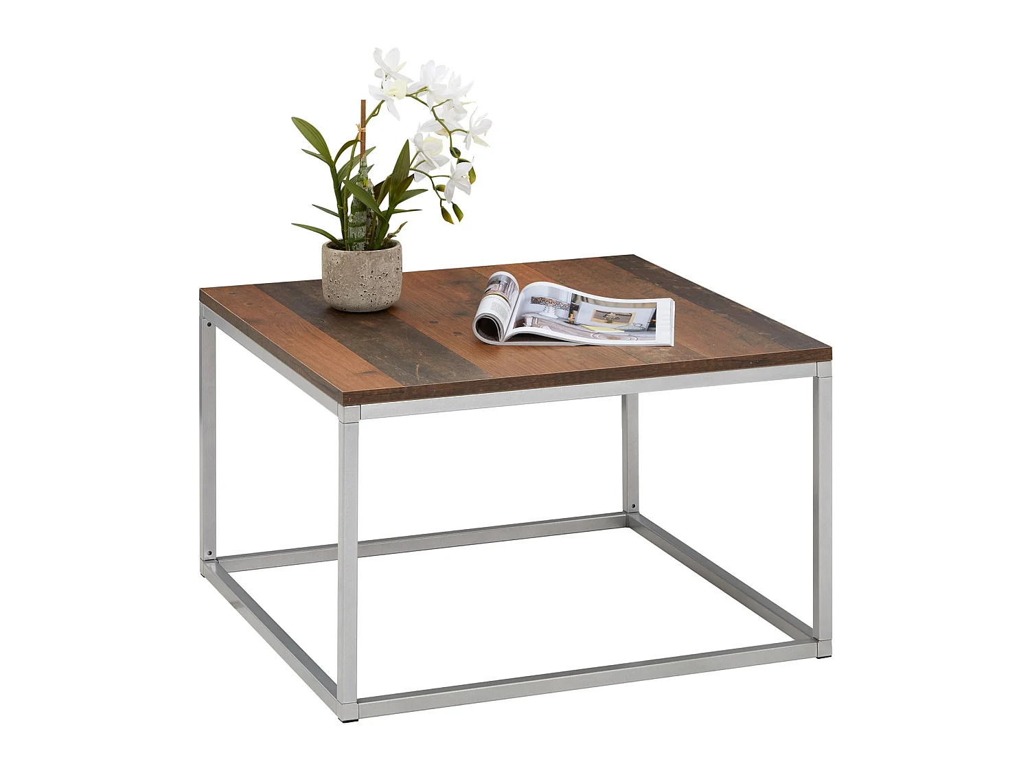 Table basse HADES, table de salon table d'appoint carrée design vintage, plateau en mélaminé old style et cadre en métal gris