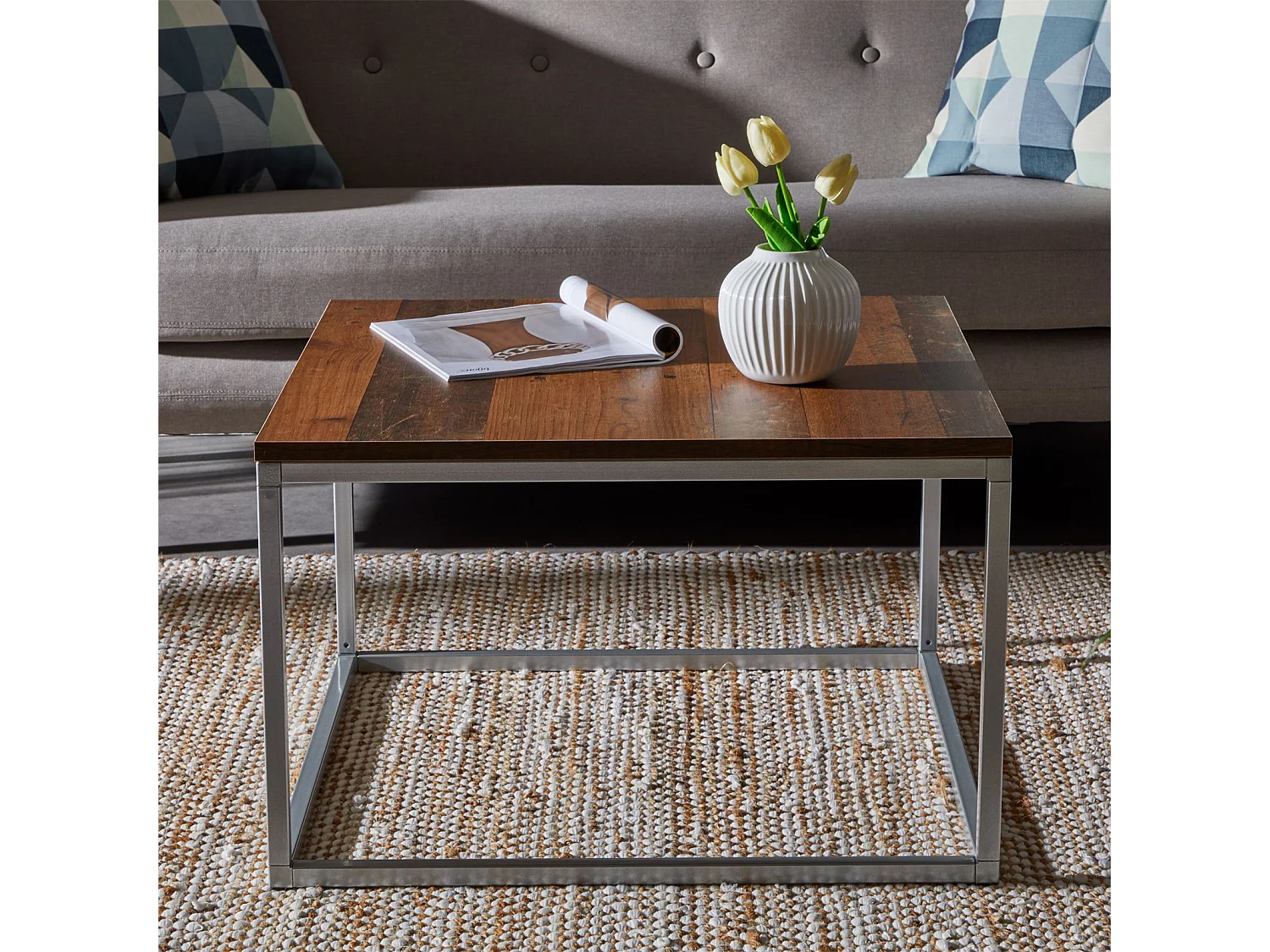 Table basse HADES, table de salon table d'appoint carrée design vintage, plateau en mélaminé old style et cadre en métal gris