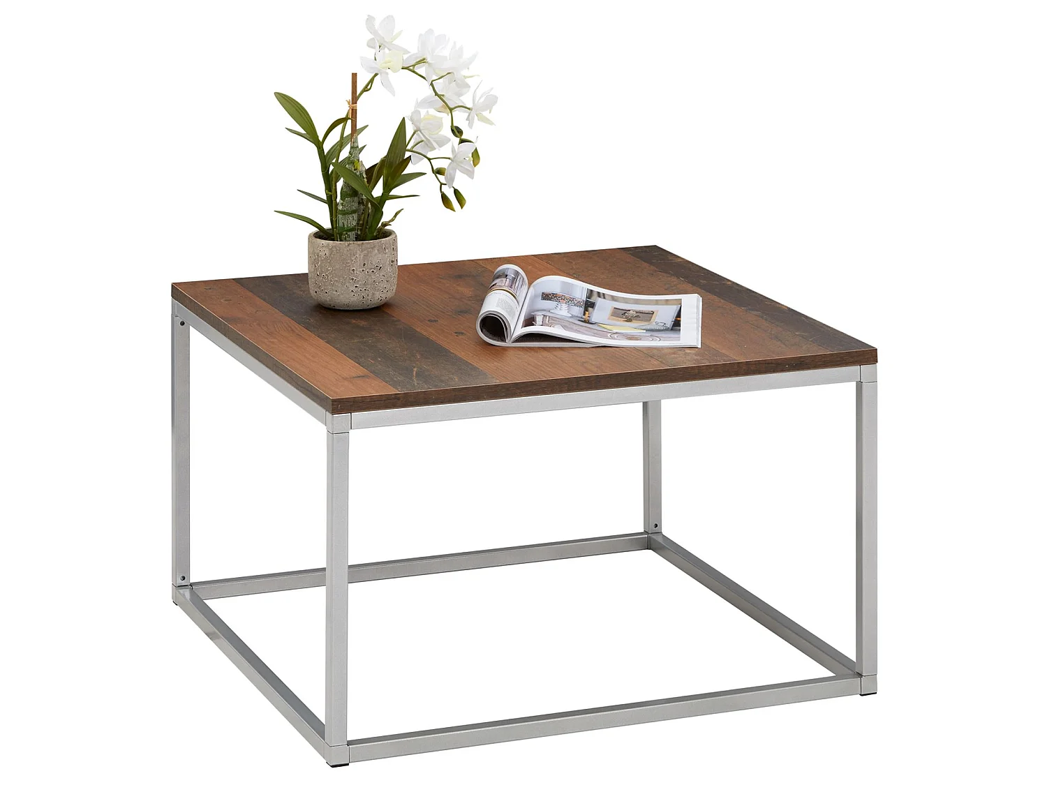 Table basse HADES, table de salon table d'appoint carrée design vintage, plateau en mélaminé old style et cadre en métal gris