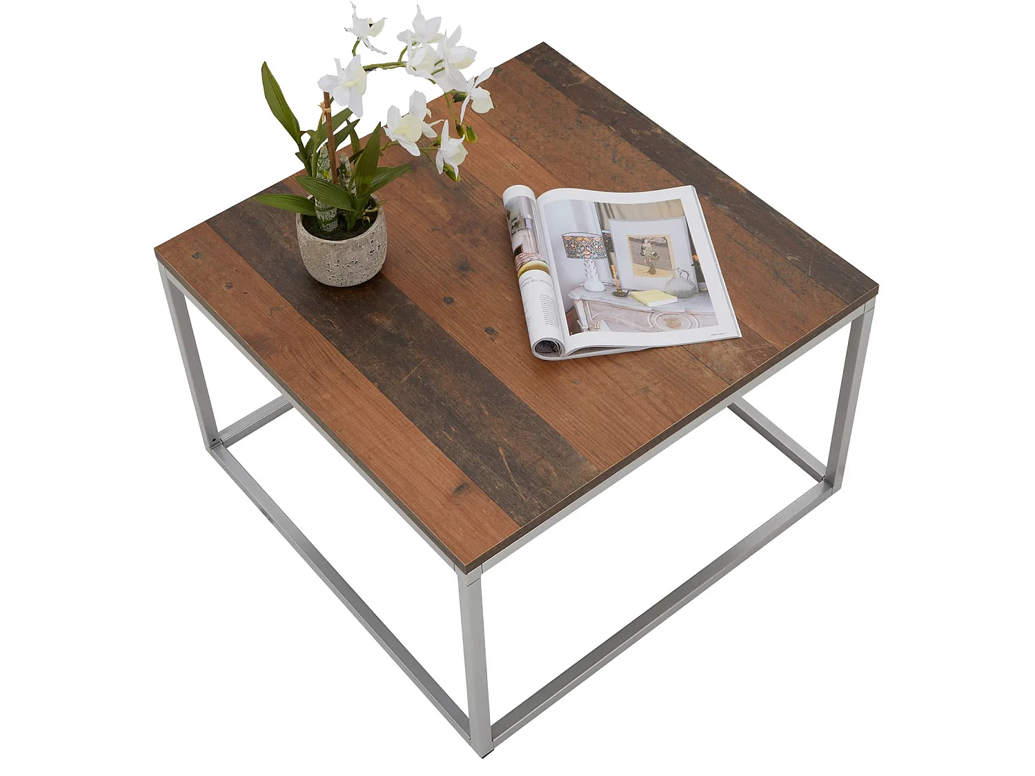 Table basse HADES, table de salon table d'appoint carrée design vintage, plateau en mélaminé old style et cadre en métal gris