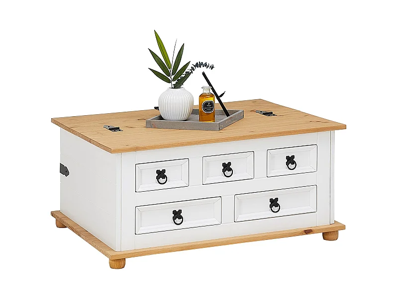 Table basse de salon TEQUILA coffre malle de rangement rectangulaire en bois style mexicain 5 tiroirs pin massif lasuré blanc brun