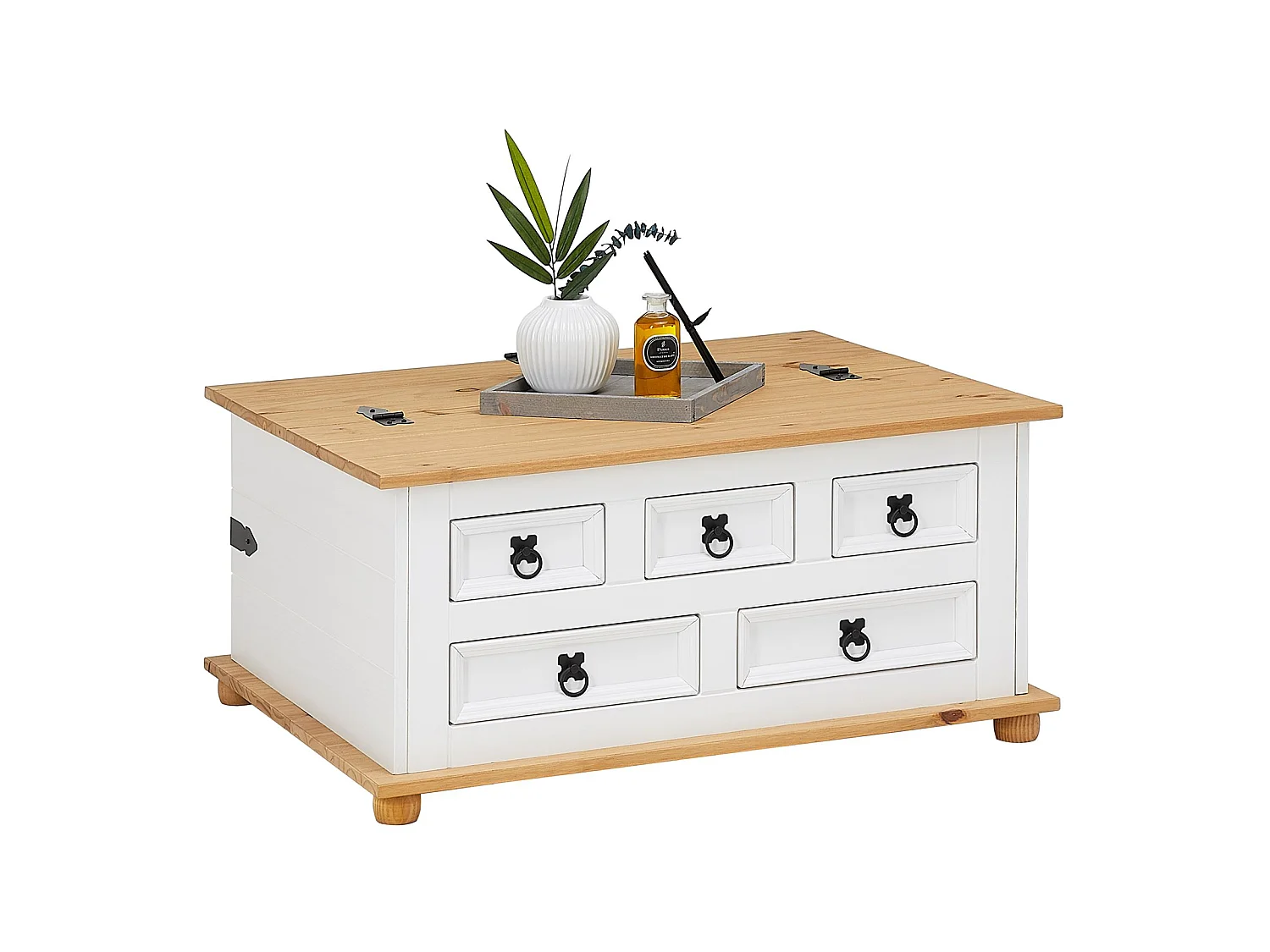 Table basse de salon TEQUILA coffre malle de rangement rectangulaire en bois style mexicain 5 tiroirs pin massif lasuré blanc brun