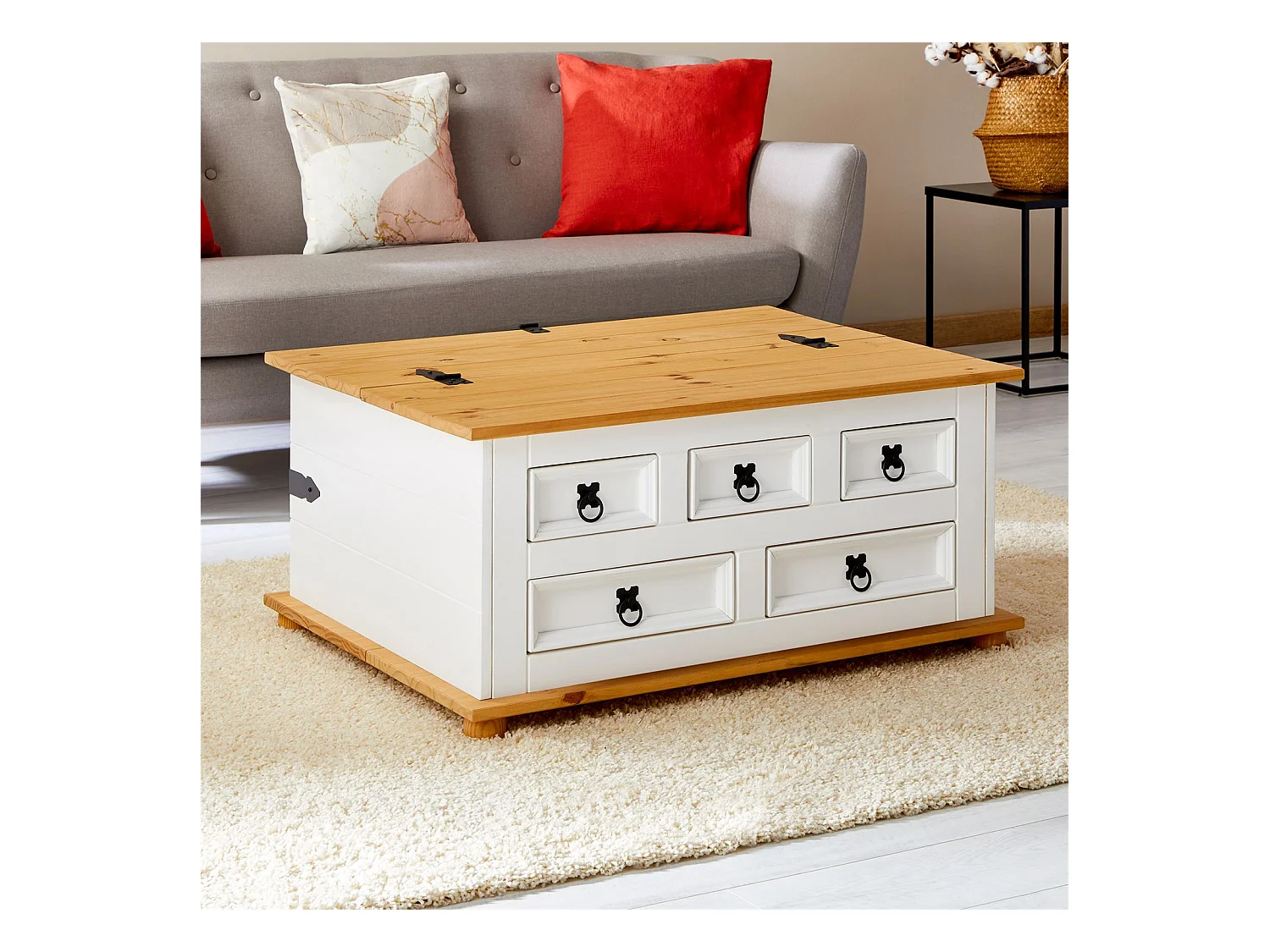 Table basse de salon TEQUILA coffre malle de rangement rectangulaire en bois style mexicain 5 tiroirs pin massif lasuré blanc brun