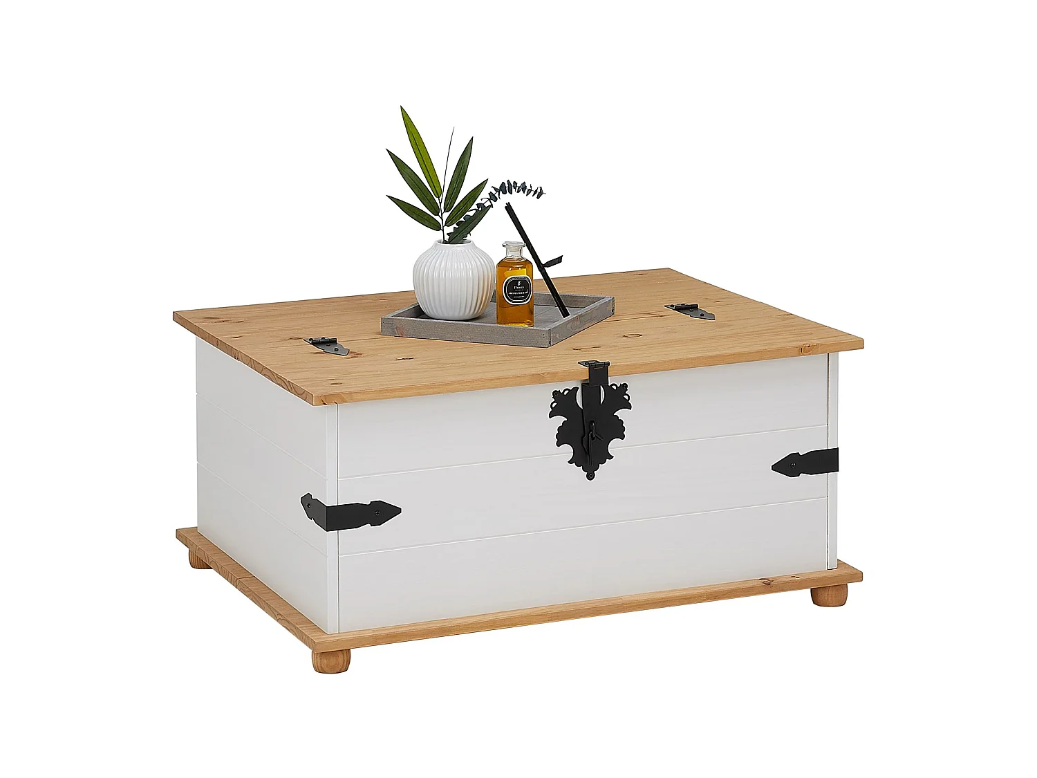 Table basse de salon TEQUILA coffre malle de rangement rectangulaire en bois style mexicain 5 tiroirs pin massif lasuré blanc brun