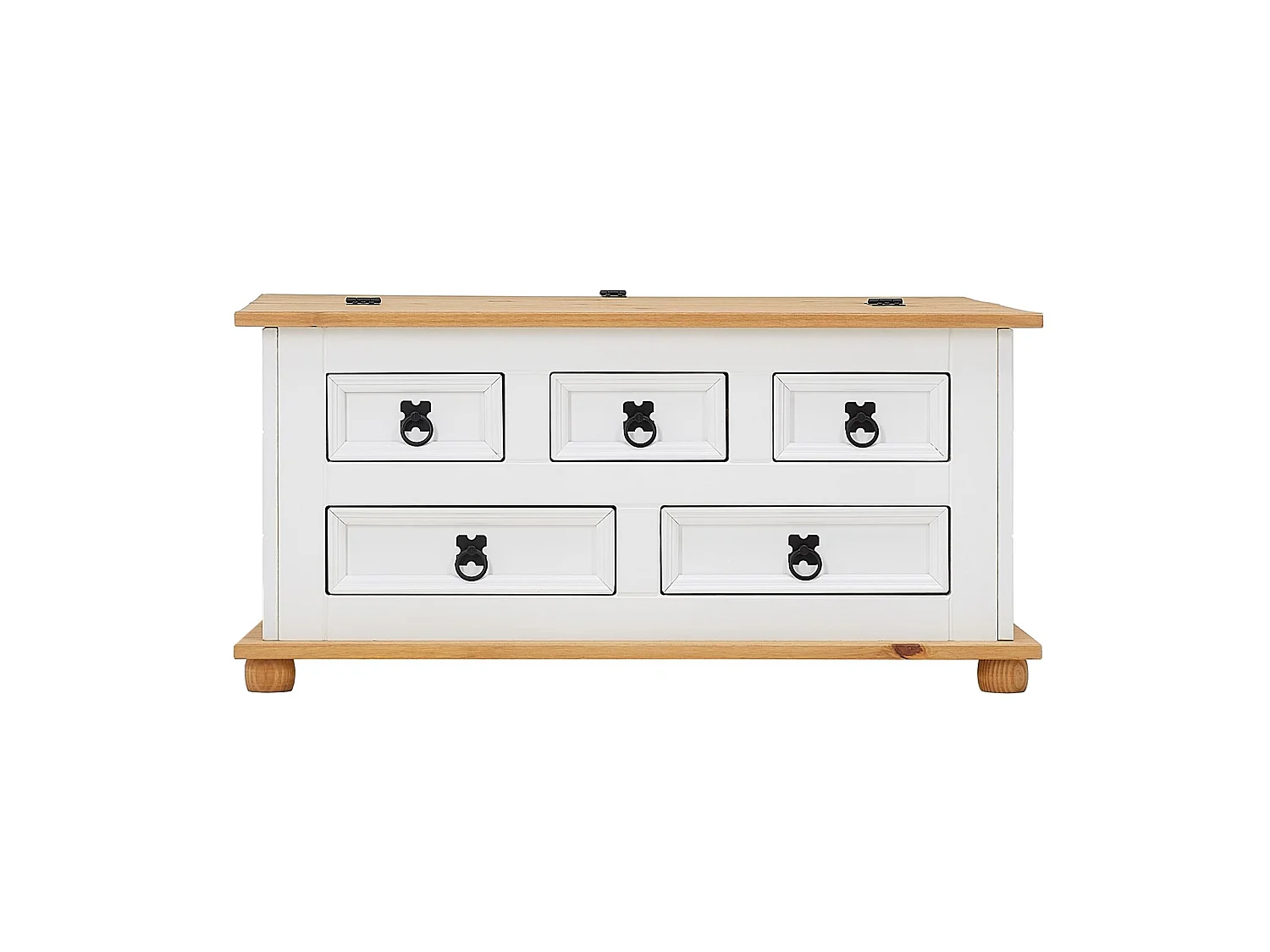 Table basse de salon TEQUILA coffre malle de rangement rectangulaire en bois style mexicain 5 tiroirs pin massif lasuré blanc brun