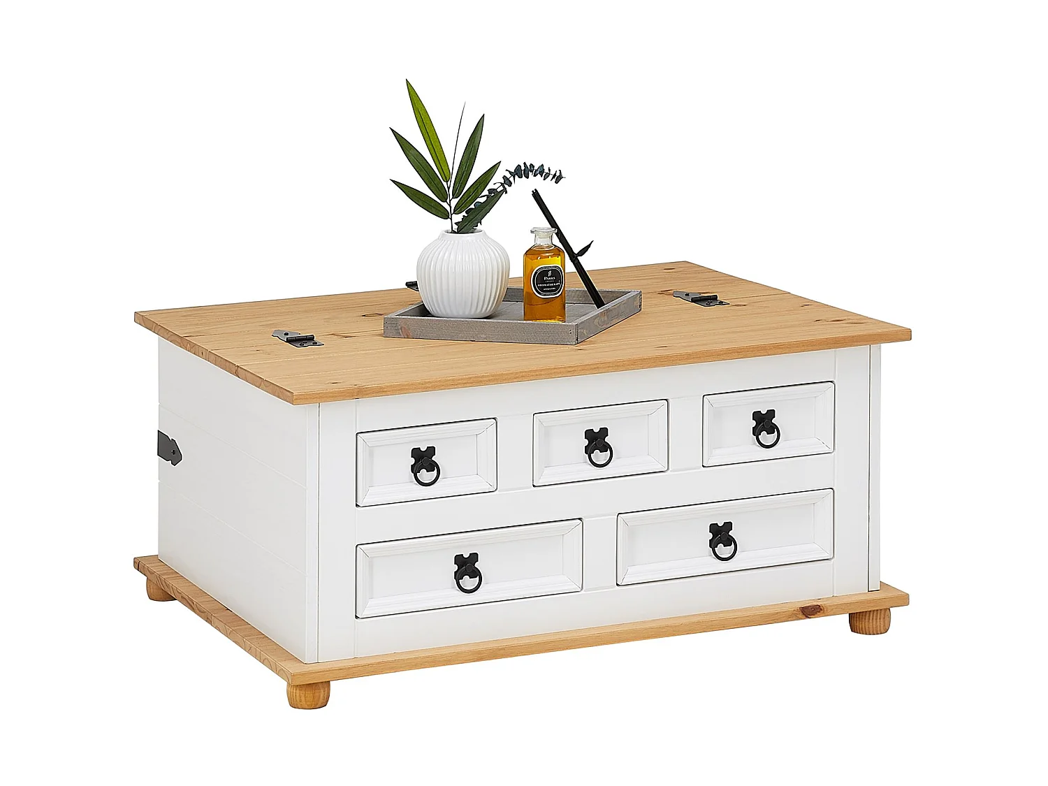 Table basse de salon TEQUILA coffre malle de rangement rectangulaire en bois style mexicain 5 tiroirs pin massif lasuré blanc brun