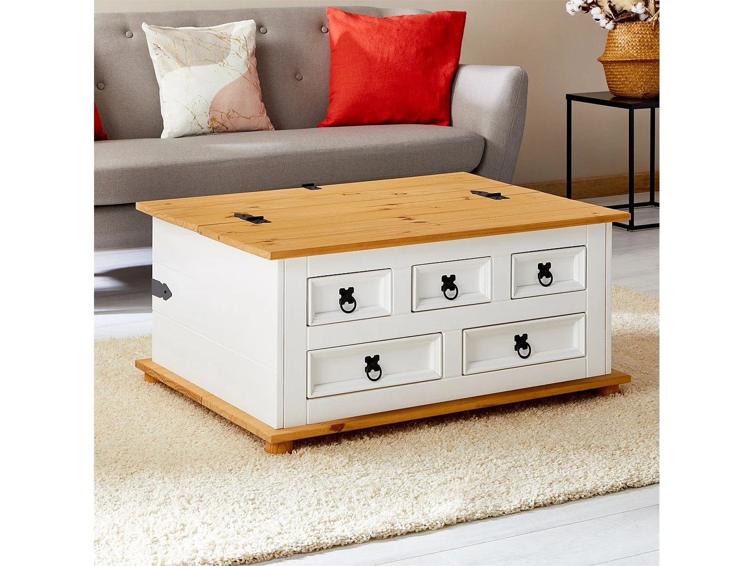 Table basse de salon TEQUILA coffre malle de rangement rectangulaire en bois style mexicain 5 tiroirs pin massif lasuré blanc brun