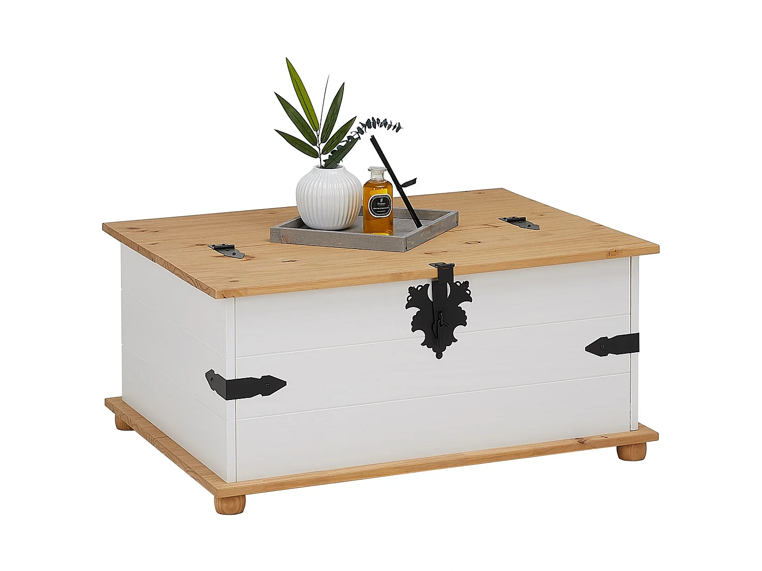 Table basse de salon TEQUILA coffre malle de rangement rectangulaire en bois style mexicain 5 tiroirs pin massif lasuré blanc brun