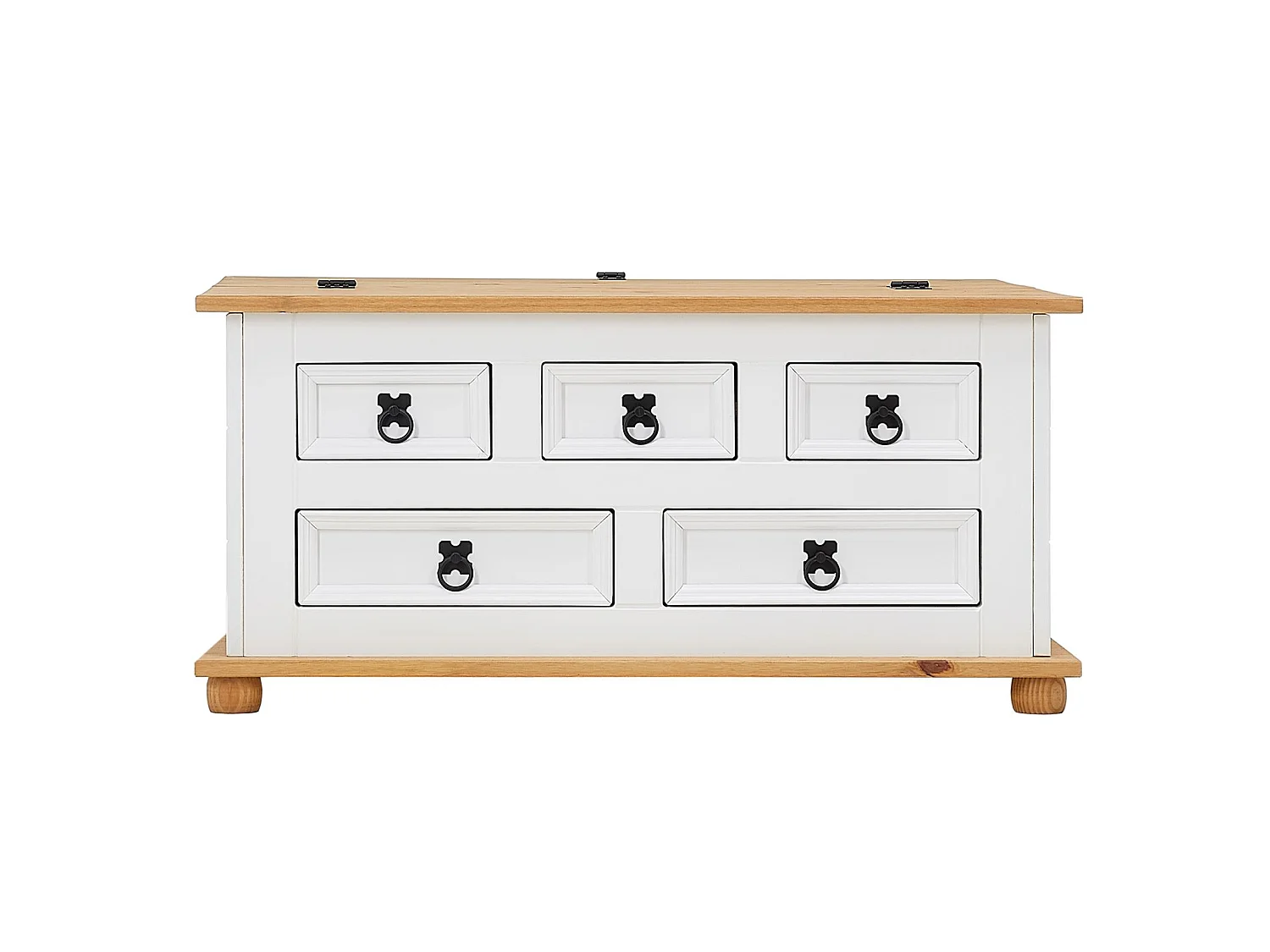 Table basse de salon TEQUILA coffre malle de rangement rectangulaire en bois style mexicain 5 tiroirs pin massif lasuré blanc brun