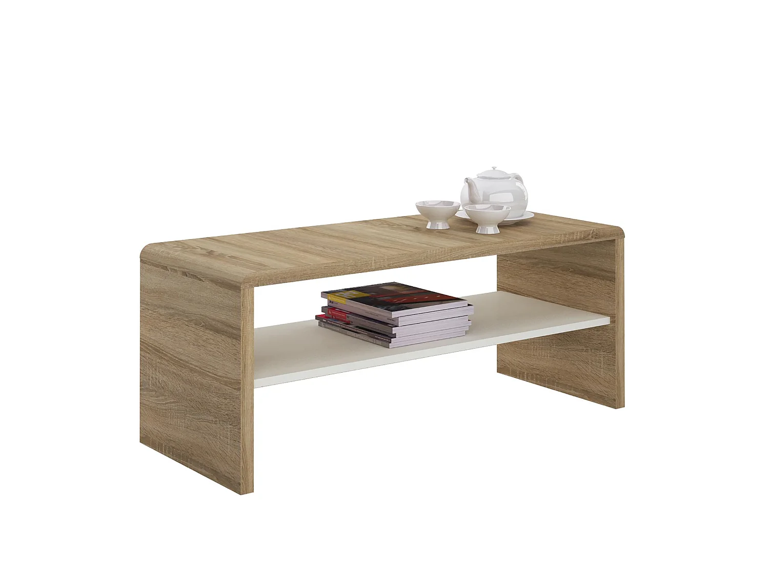 Table basse NOELLE, table de salon rectangulaire ou meuble TV de 120 cm avec 1 étagère de rangement, en mélaminé chêne sonoma/blanc