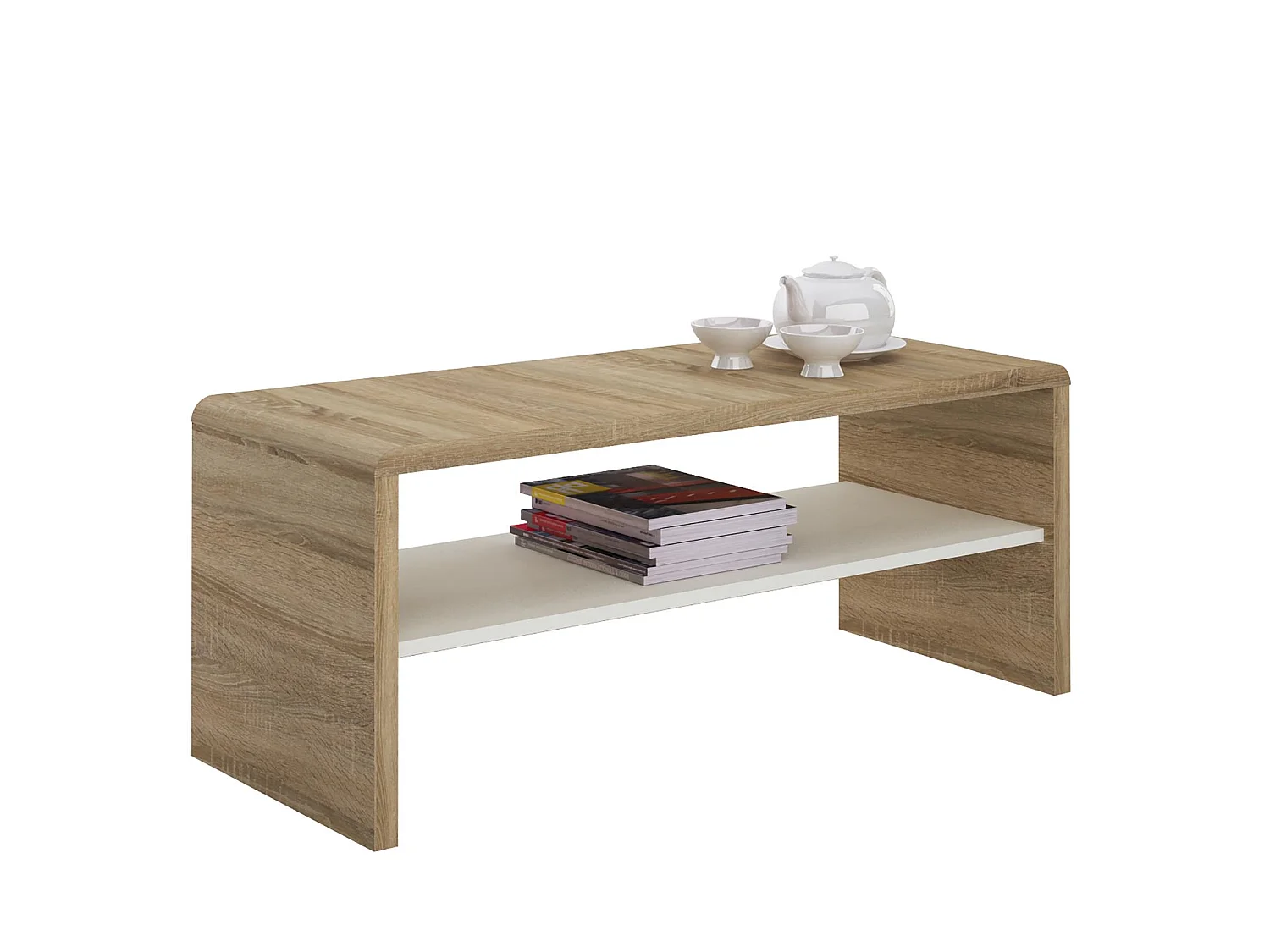 Table basse NOELLE, table de salon rectangulaire ou meuble TV de 120 cm avec 1 étagère de rangement, en mélaminé chêne sonoma/blanc
