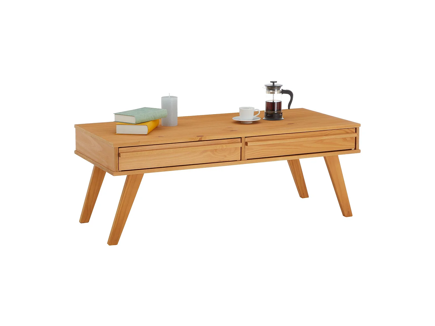 Table basse JONA style scandinave table de salon rectangulaire avec 2 tiroirs, en pin massif lasuré brun