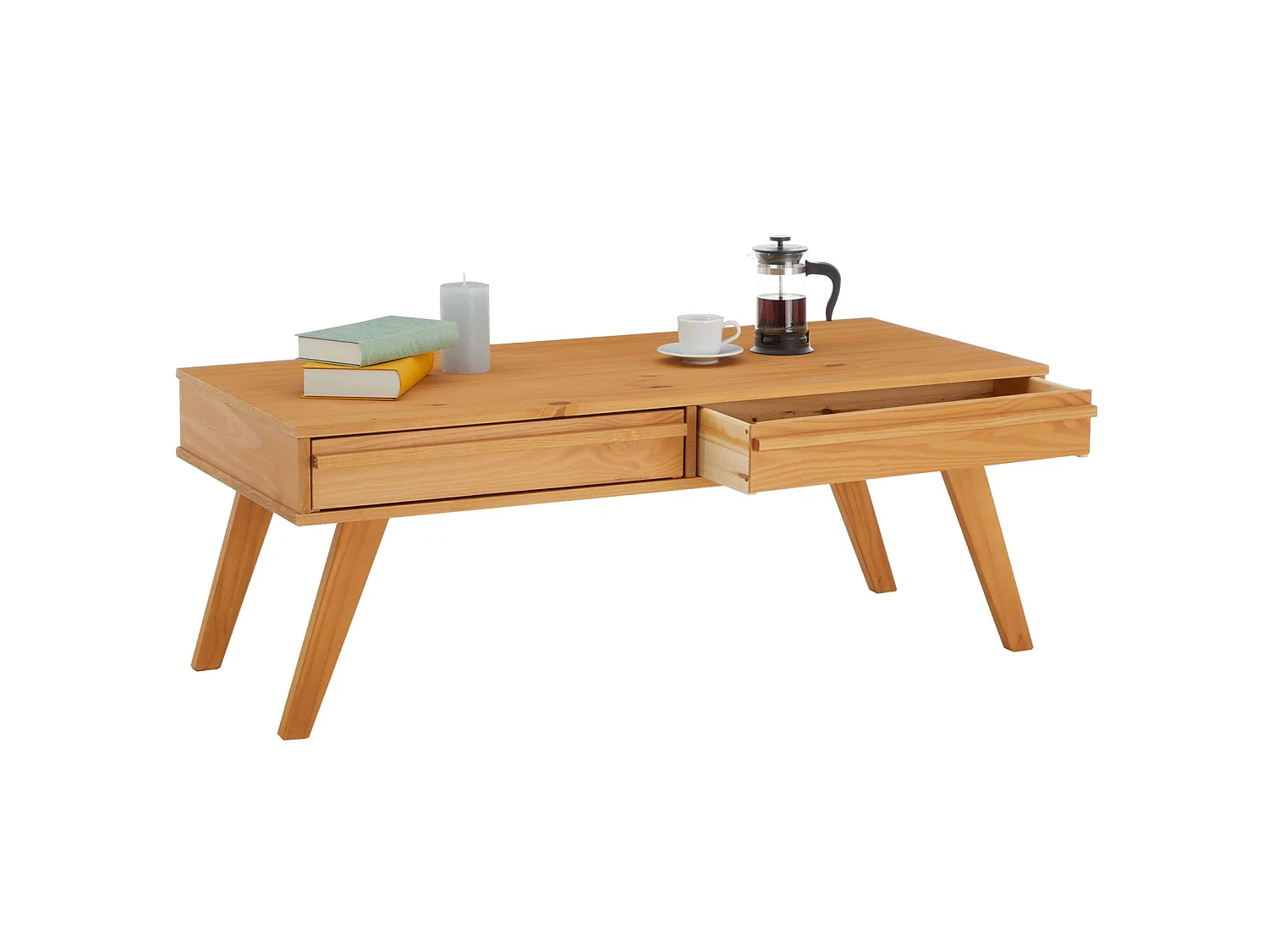 Table basse JONA style scandinave table de salon rectangulaire avec 2 tiroirs, en pin massif lasuré brun