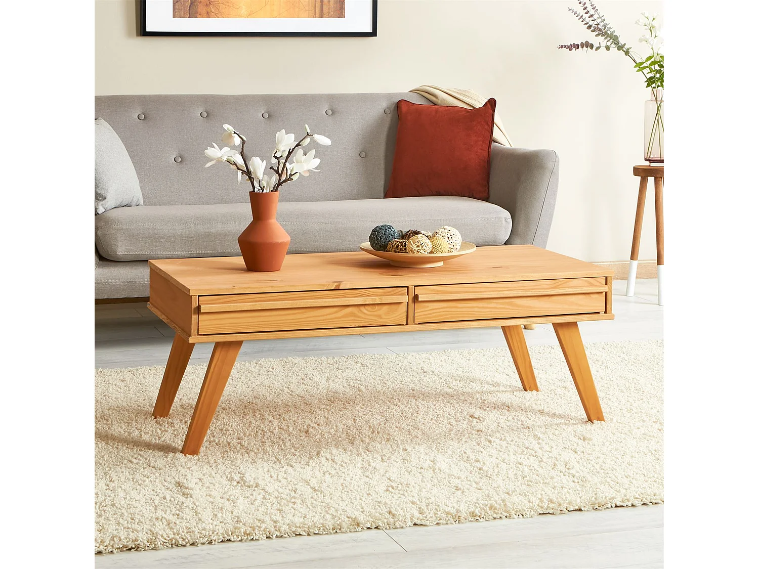 Table basse JONA style scandinave table de salon rectangulaire avec 2 tiroirs, en pin massif lasuré brun