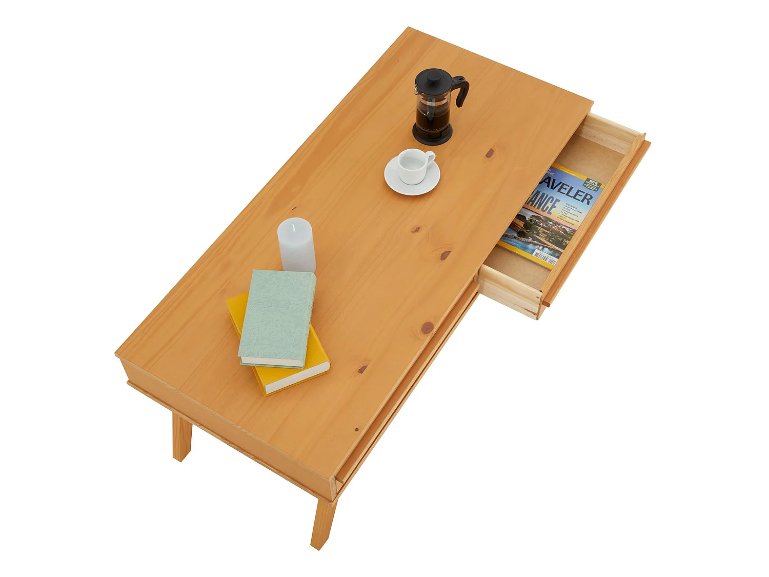 Table basse JONA style scandinave table de salon rectangulaire avec 2 tiroirs, en pin massif lasuré brun