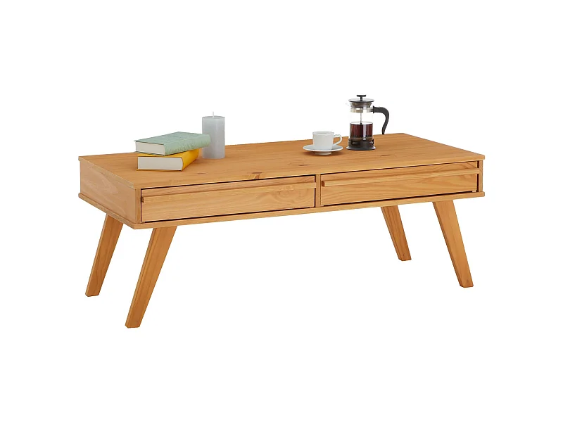 Table basse JONA style scandinave table de salon rectangulaire avec 2 tiroirs, en pin massif lasuré brun