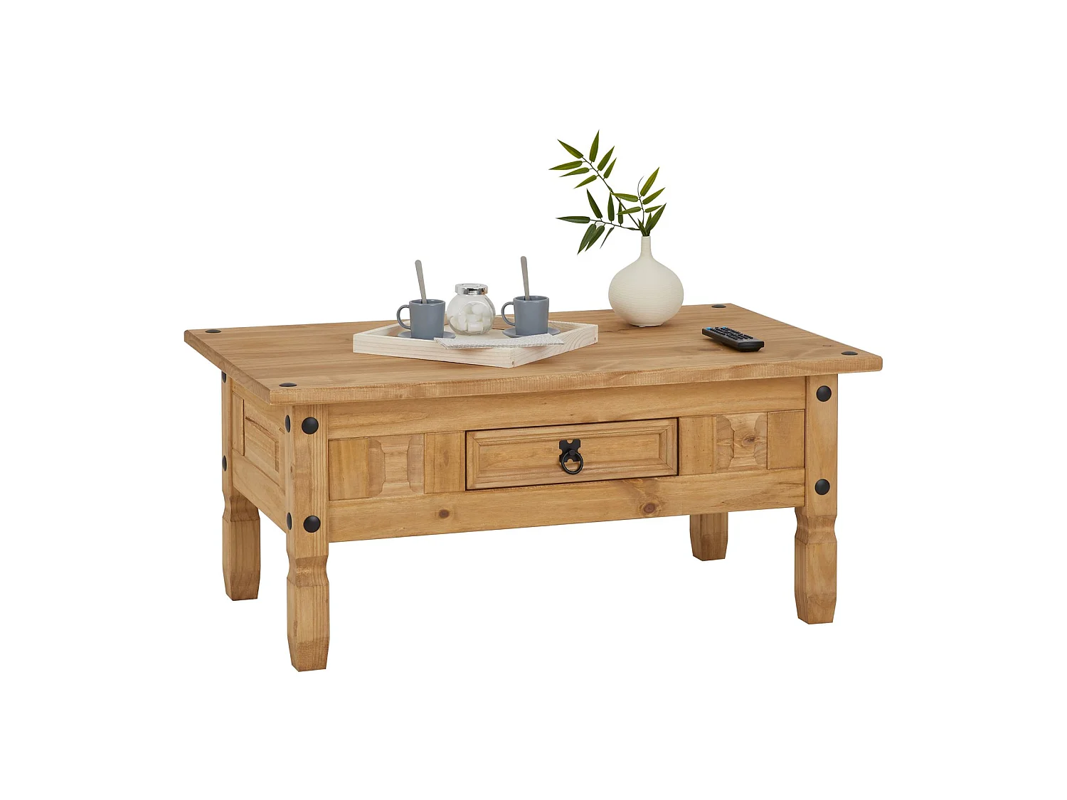 Table basse de salon SALSA rectangulaire en bois style mexicain avec 1 tiroir, en pin massif finition teintée/cirée