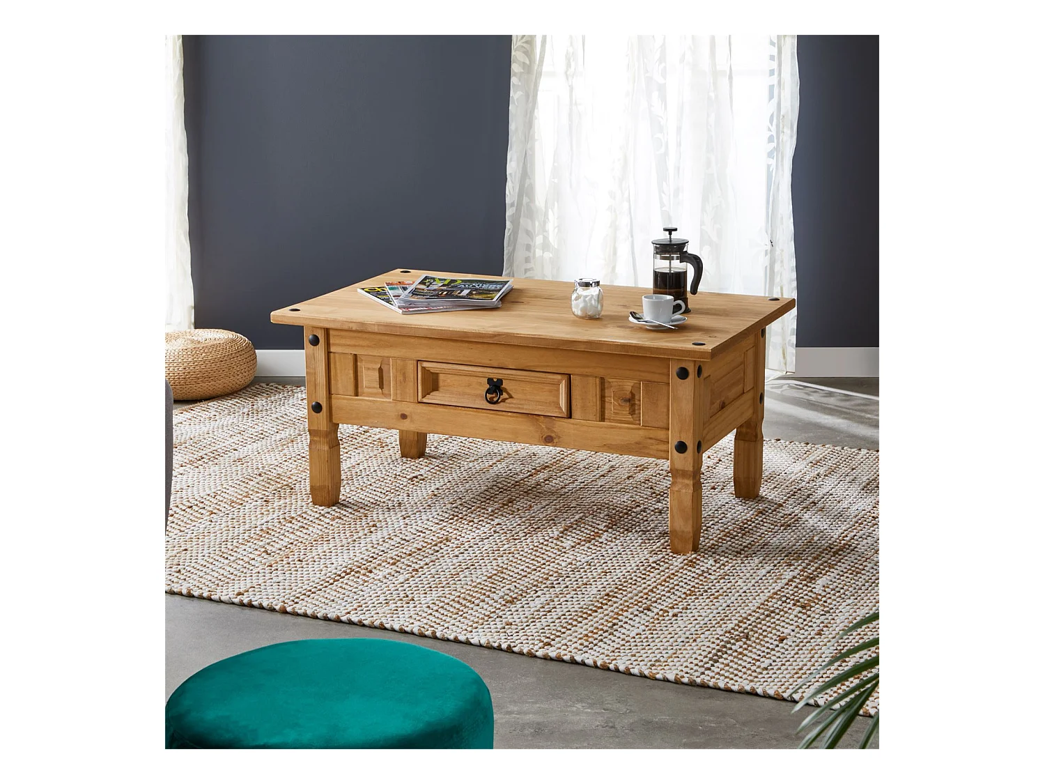 Table basse de salon SALSA rectangulaire en bois style mexicain avec 1 tiroir, en pin massif finition teintée/cirée