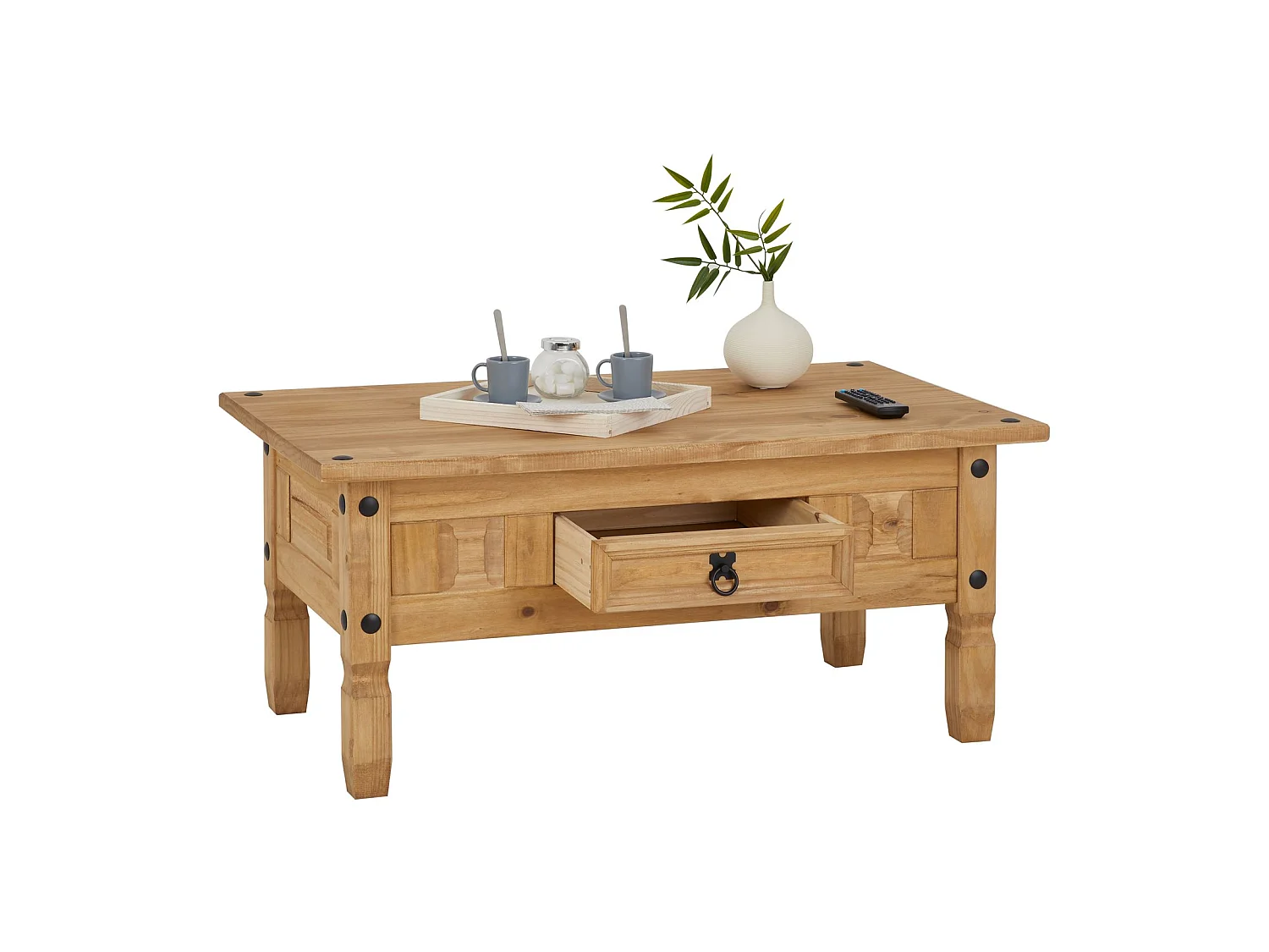 Table basse de salon SALSA rectangulaire en bois style mexicain avec 1 tiroir, en pin massif finition teintée/cirée