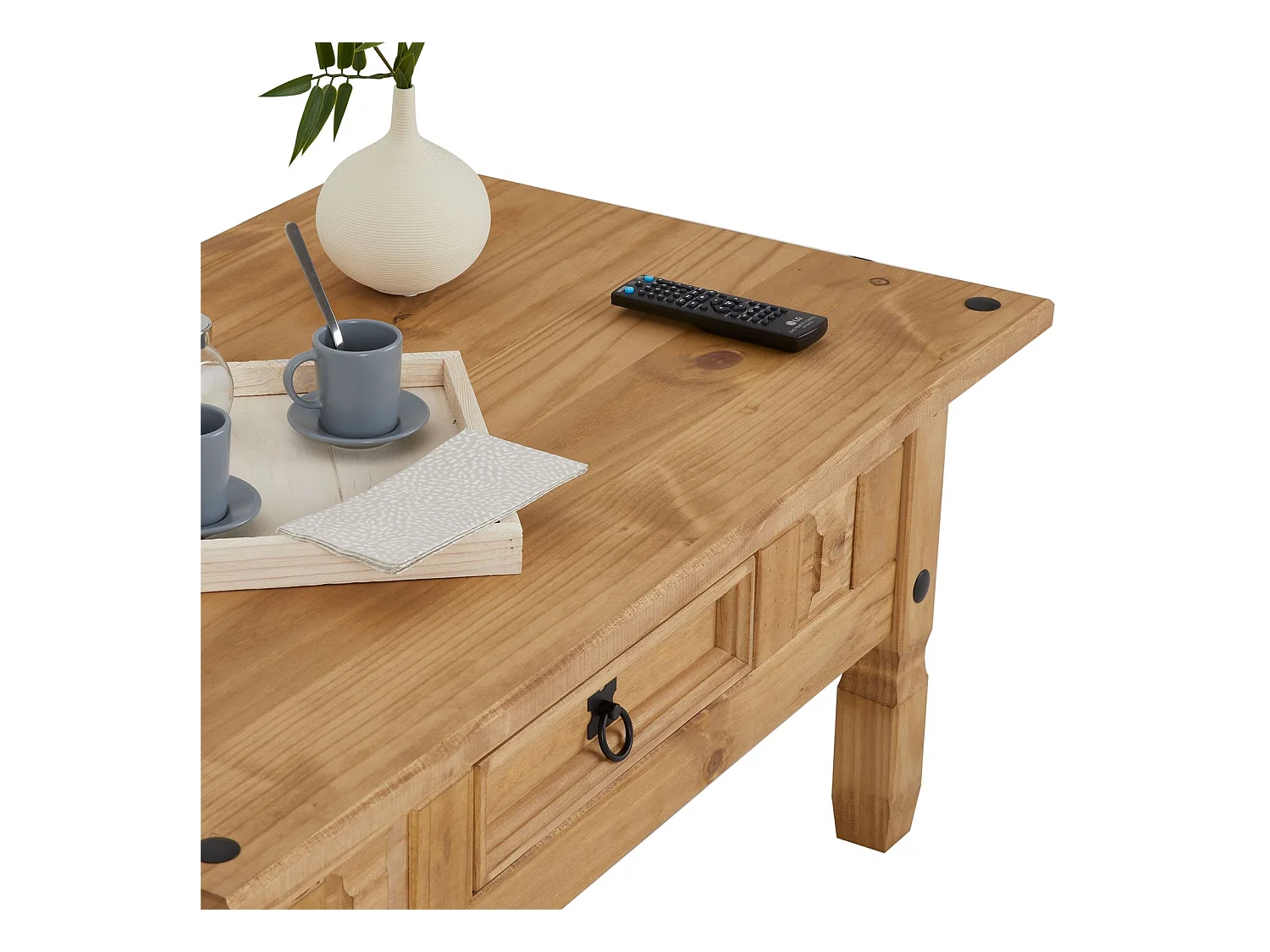 Table basse de salon SALSA rectangulaire en bois style mexicain avec 1 tiroir, en pin massif finition teintée/cirée