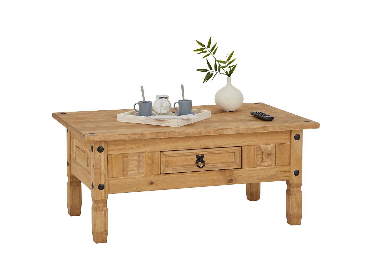 Table basse de salon SALSA rectangulaire en bois style mexicain avec 1 tiroir, en pin massif finition teintée/cirée