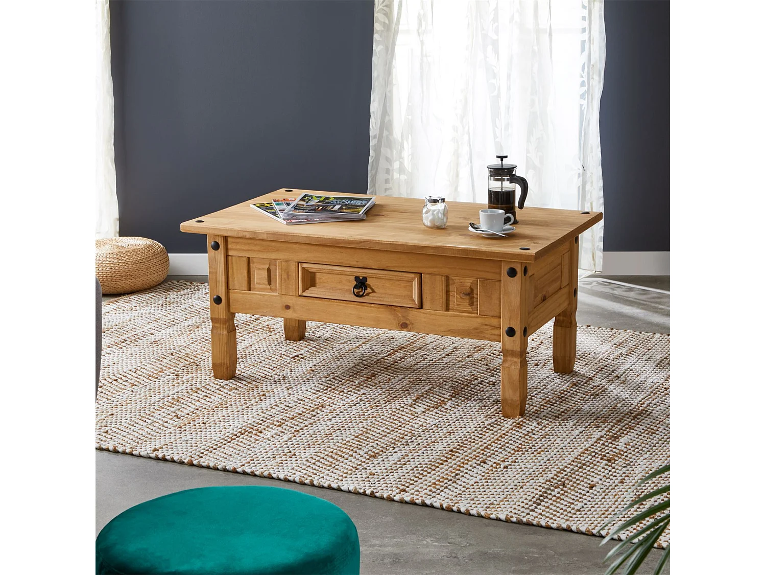 Table basse de salon SALSA rectangulaire en bois style mexicain avec 1 tiroir, en pin massif finition teintée/cirée