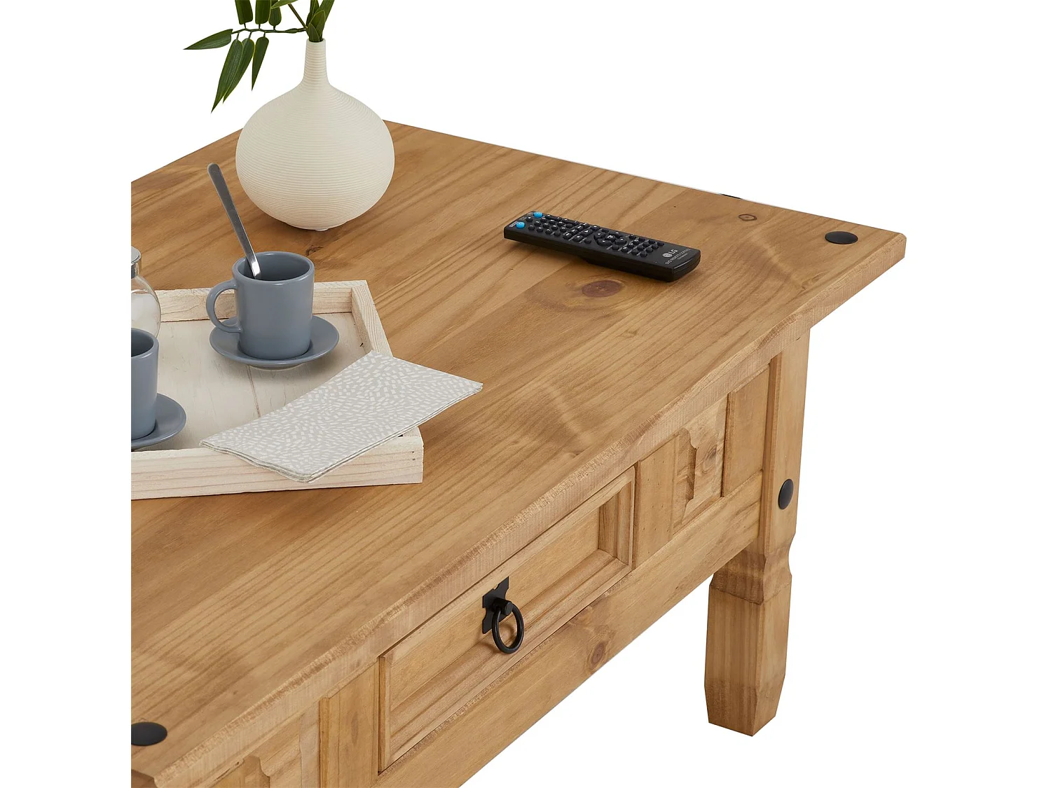 Table basse de salon SALSA rectangulaire en bois style mexicain avec 1 tiroir, en pin massif finition teintée/cirée