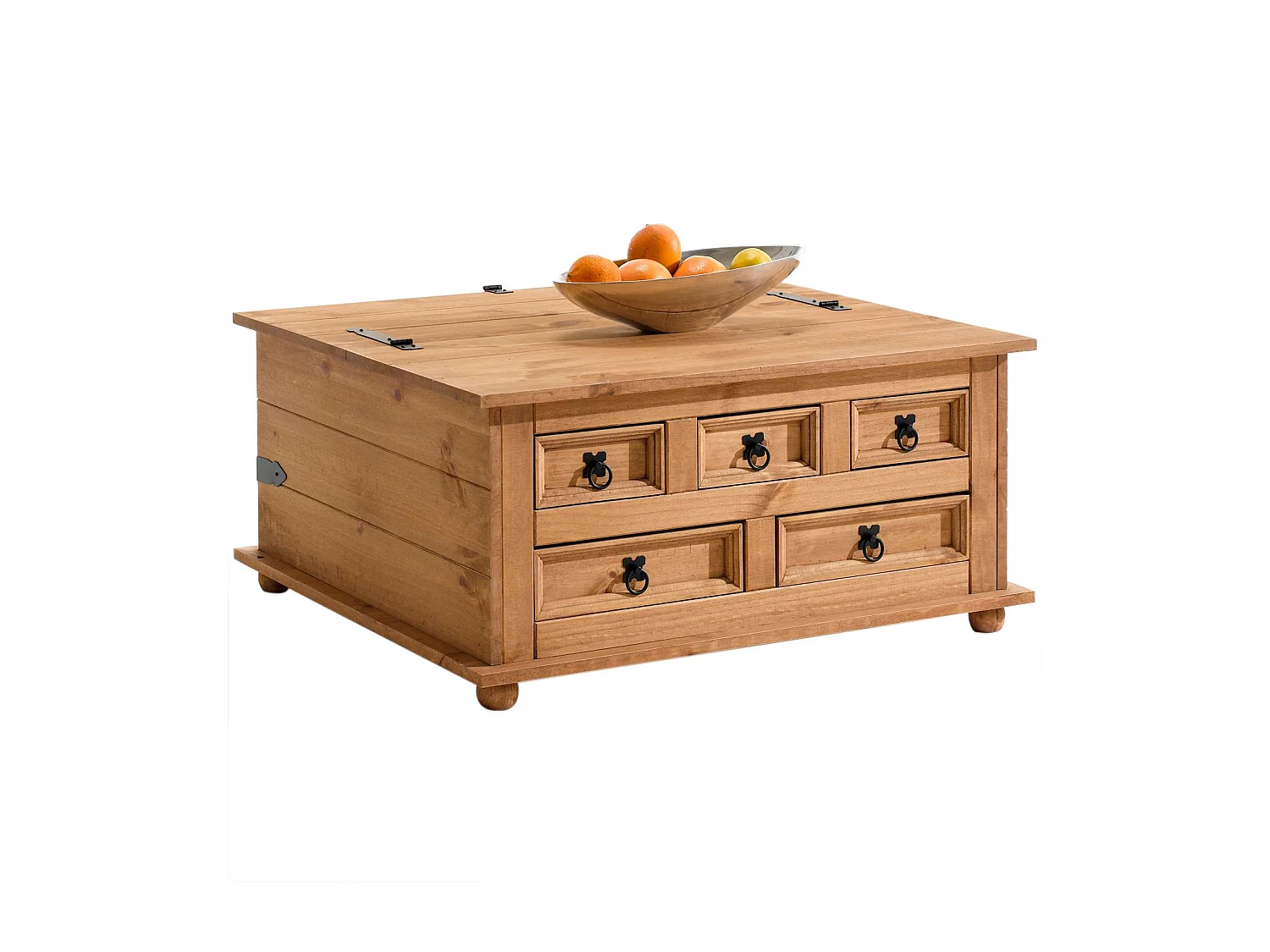 Table basse de salon TEQUILA coffre malle de rangement rectangulaire en bois style mexicain avec 5 tiroirs en pin massif teinté/ciré