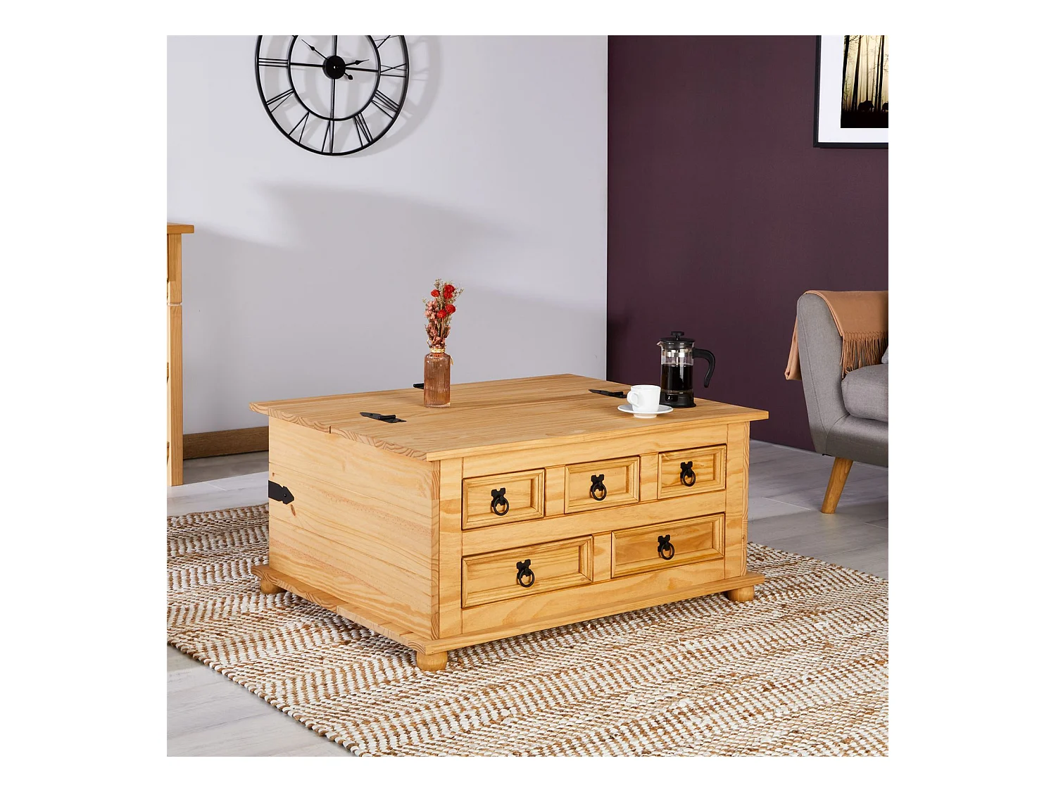 Table basse de salon TEQUILA coffre malle de rangement rectangulaire en bois style mexicain avec 5 tiroirs en pin massif teinté/ciré