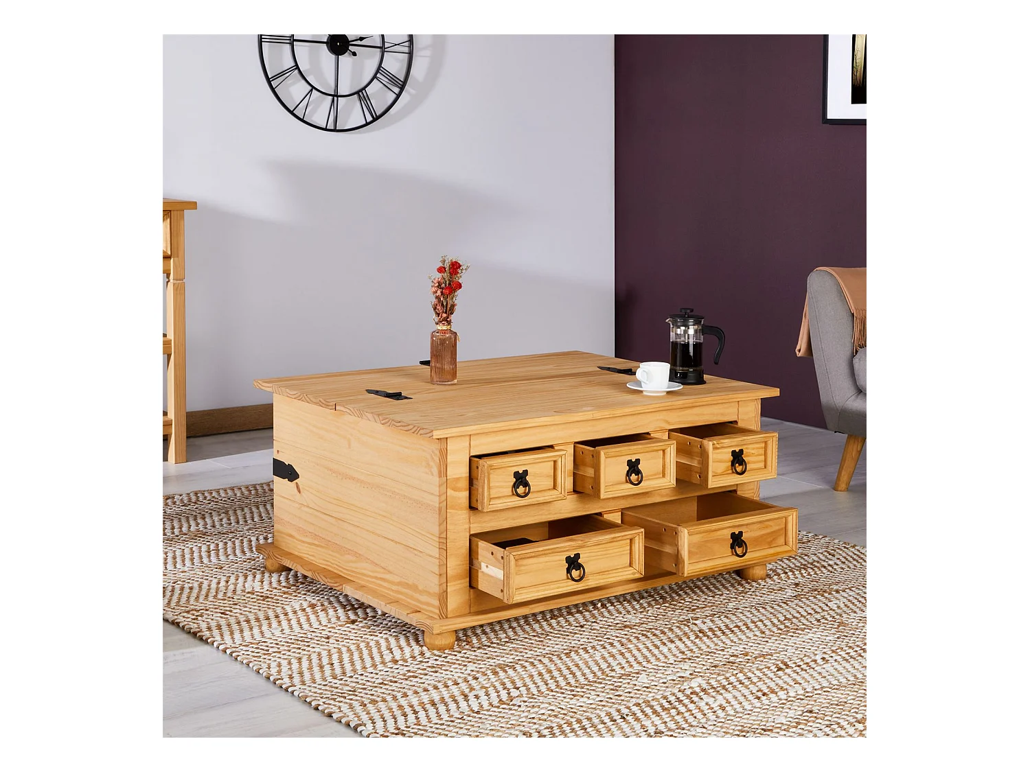 Table basse de salon TEQUILA coffre malle de rangement rectangulaire en bois style mexicain avec 5 tiroirs en pin massif teinté/ciré