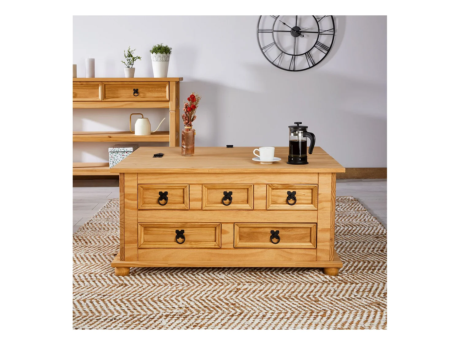 Table basse de salon TEQUILA coffre malle de rangement rectangulaire en bois style mexicain avec 5 tiroirs en pin massif teinté/ciré