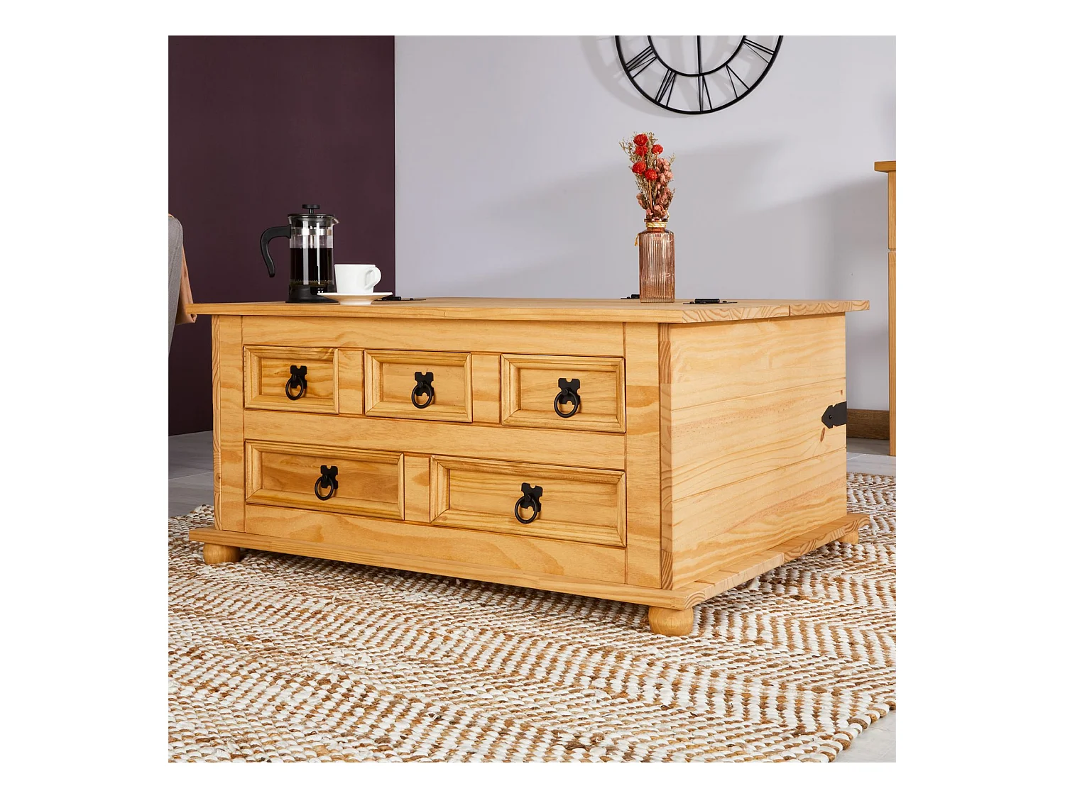 Table basse de salon TEQUILA coffre malle de rangement rectangulaire en bois style mexicain avec 5 tiroirs en pin massif teinté/ciré