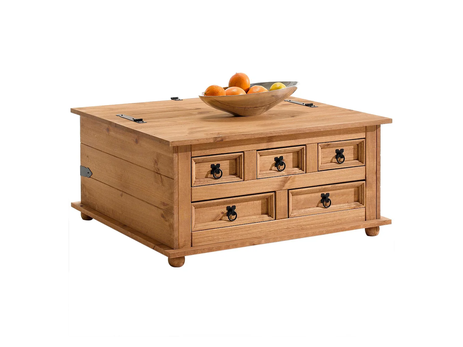 Table basse de salon TEQUILA coffre malle de rangement rectangulaire en bois style mexicain avec 5 tiroirs en pin massif teinté/ciré