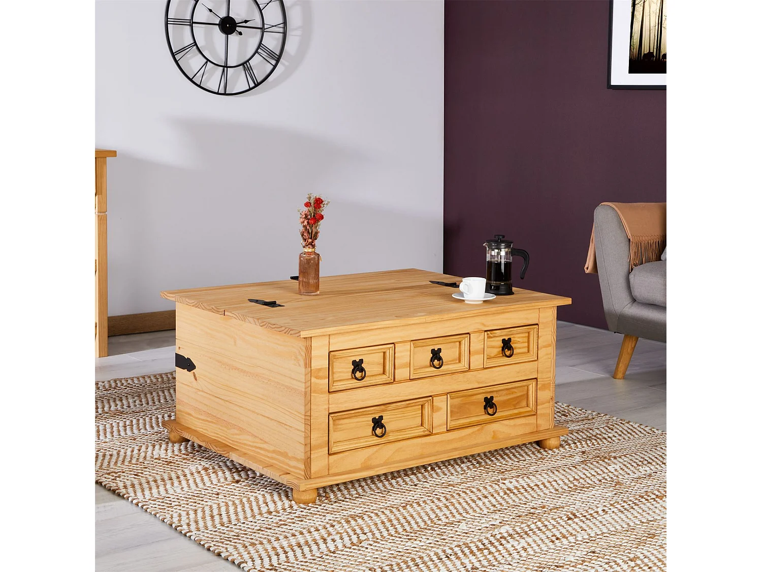 Table basse de salon TEQUILA coffre malle de rangement rectangulaire en bois style mexicain avec 5 tiroirs en pin massif teinté/ciré